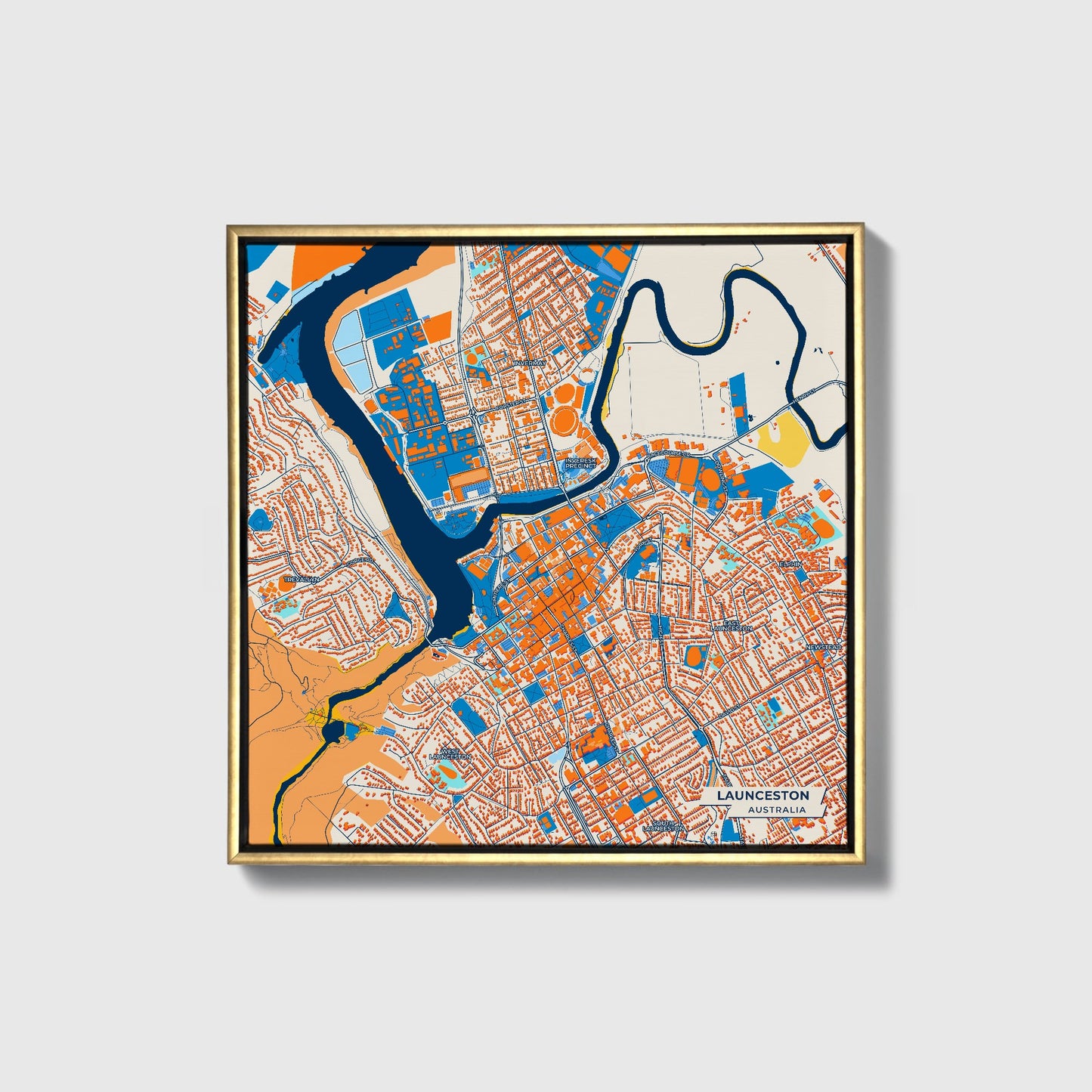 Launceston Australia Colorful City Map Canvas Print • Gold Framed