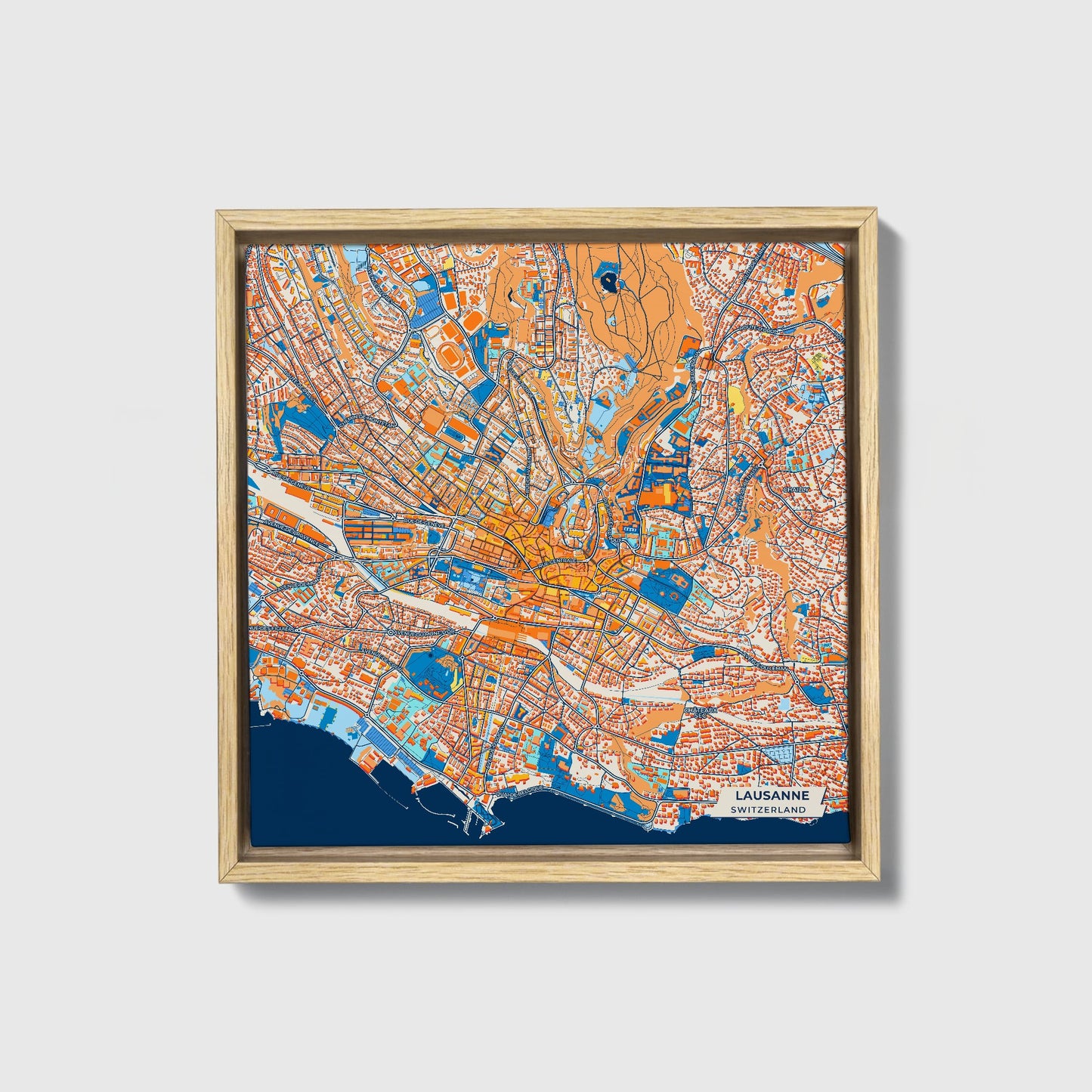 Lausanne Switzerland Colorful City Map Canvas Print • Natural Wooden Framed