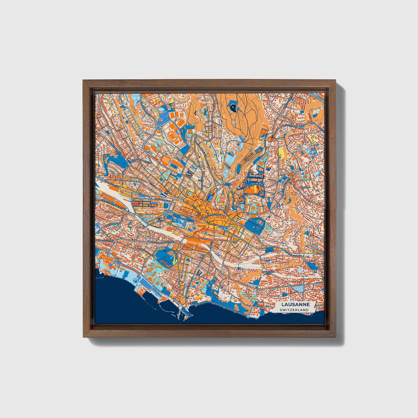 Lausanne Switzerland Colorful City Map Canvas Print • Dark Wooden Framed