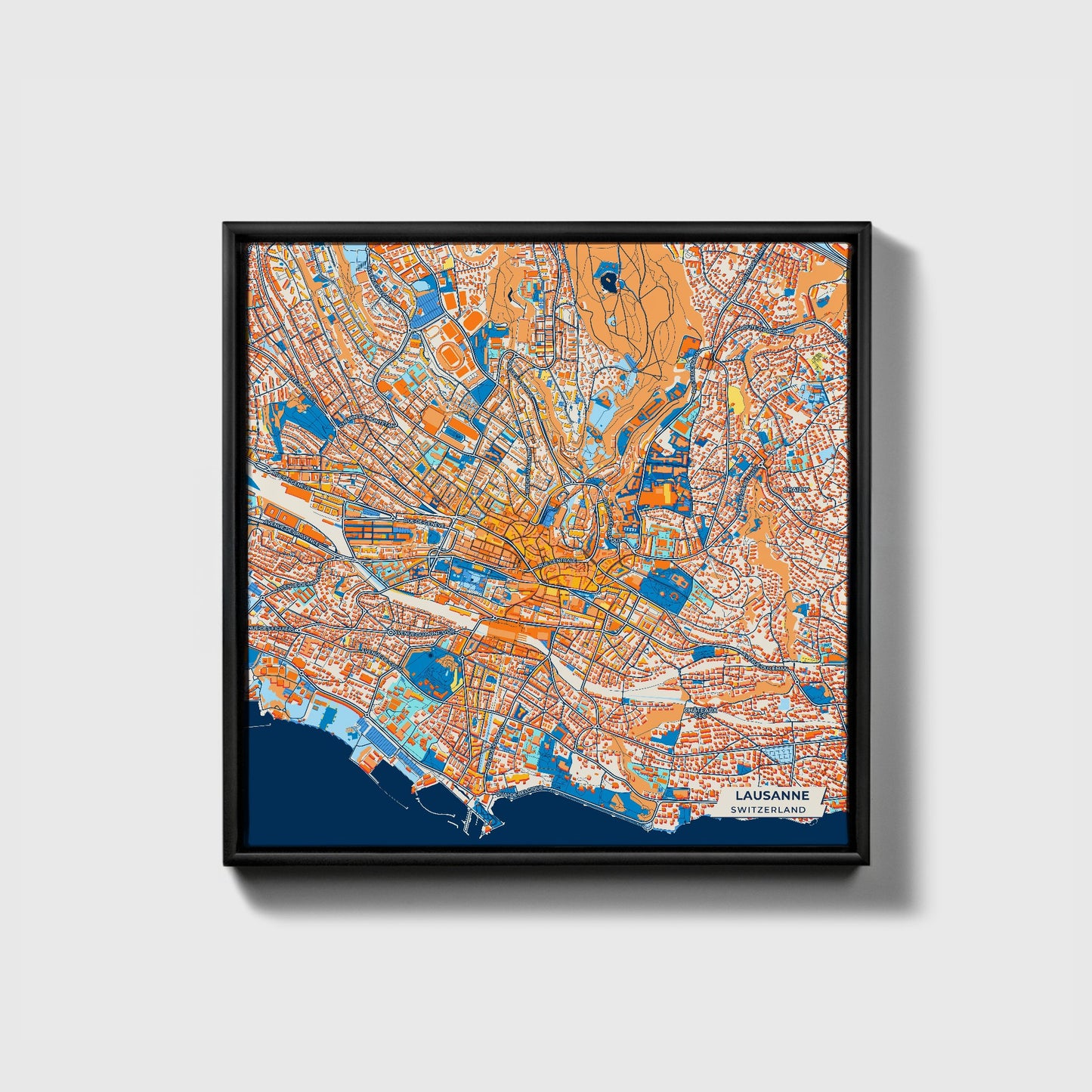 Lausanne Switzerland Colorful City Map Canvas Print • Black Framed
