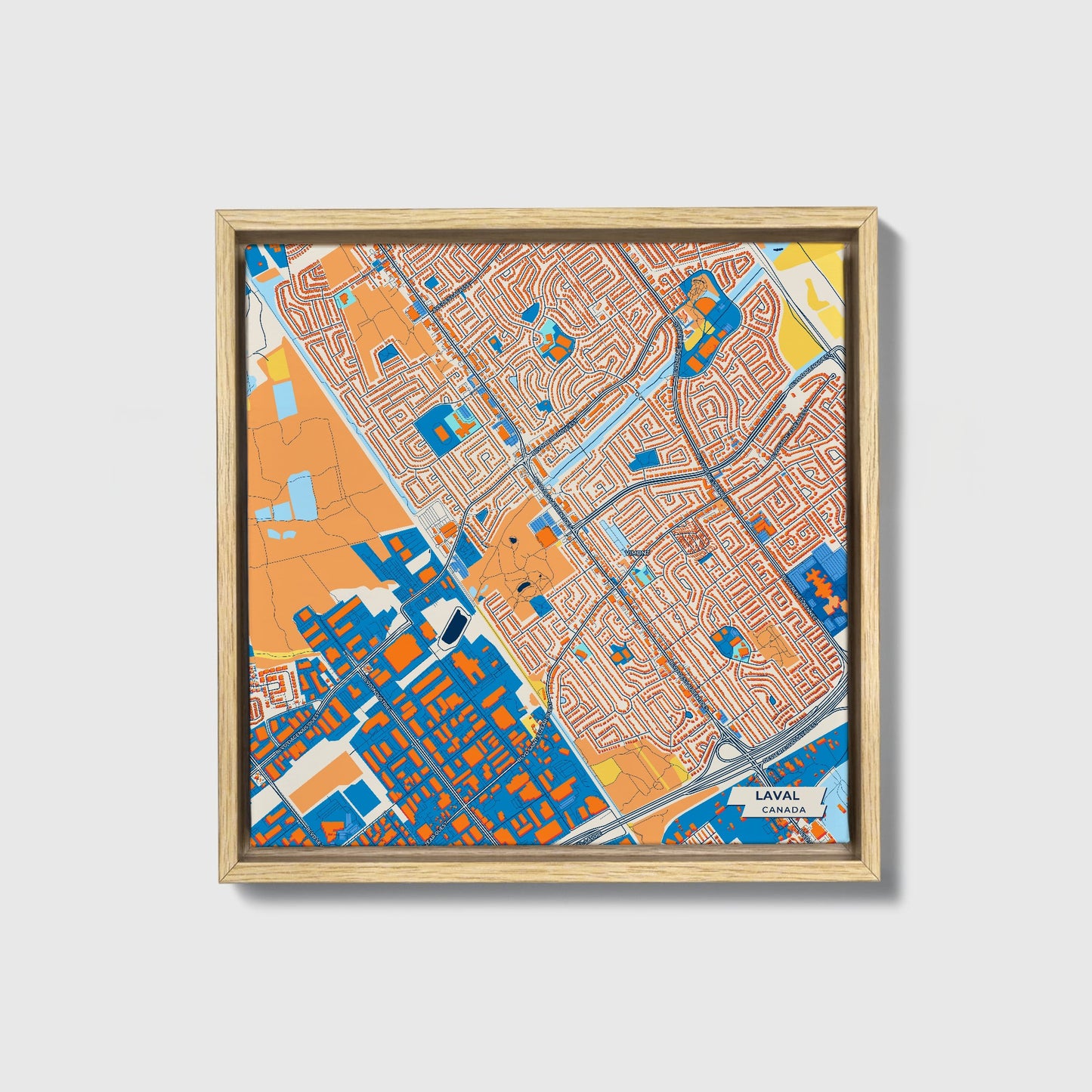 Laval Canada Colorful City Map Canvas Print • Natural Wooden Framed