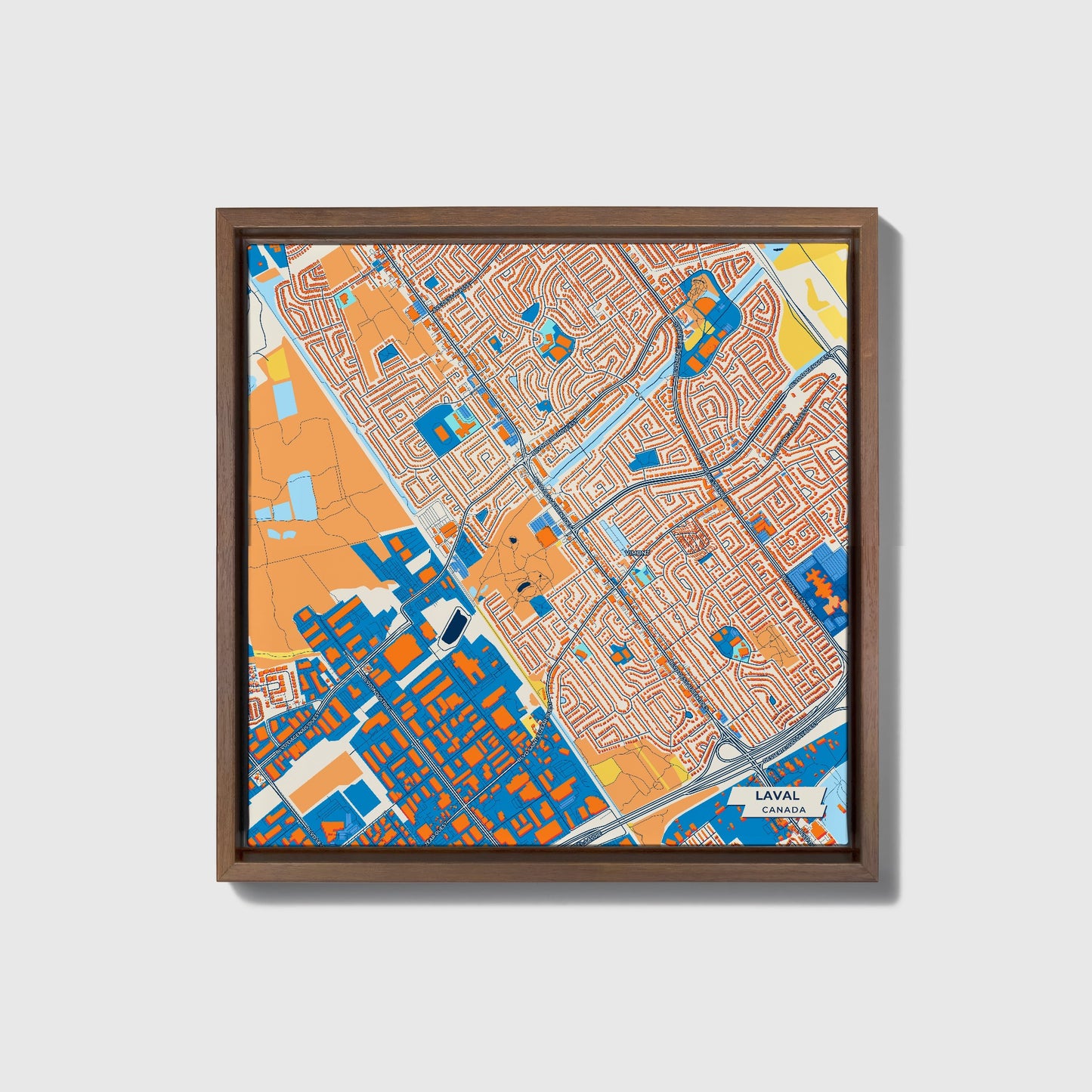 Laval Canada Colorful City Map Canvas Print • Dark Wooden Framed