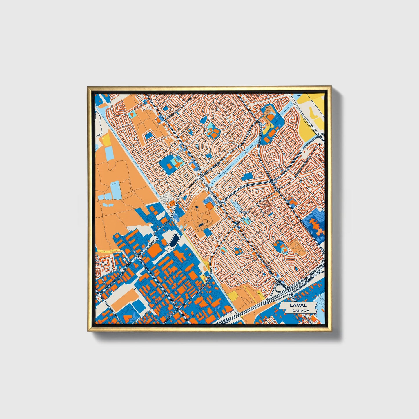 Laval Canada Colorful City Map Canvas Print • Gold Framed