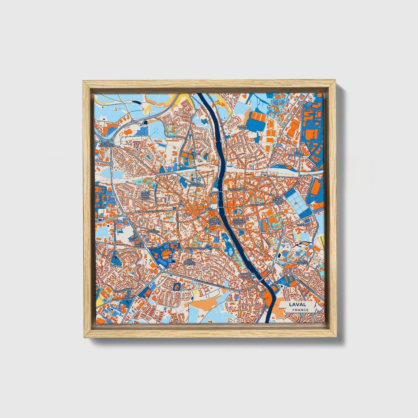 Laval France Colorful City Map Canvas Print • Natural Wooden Framed