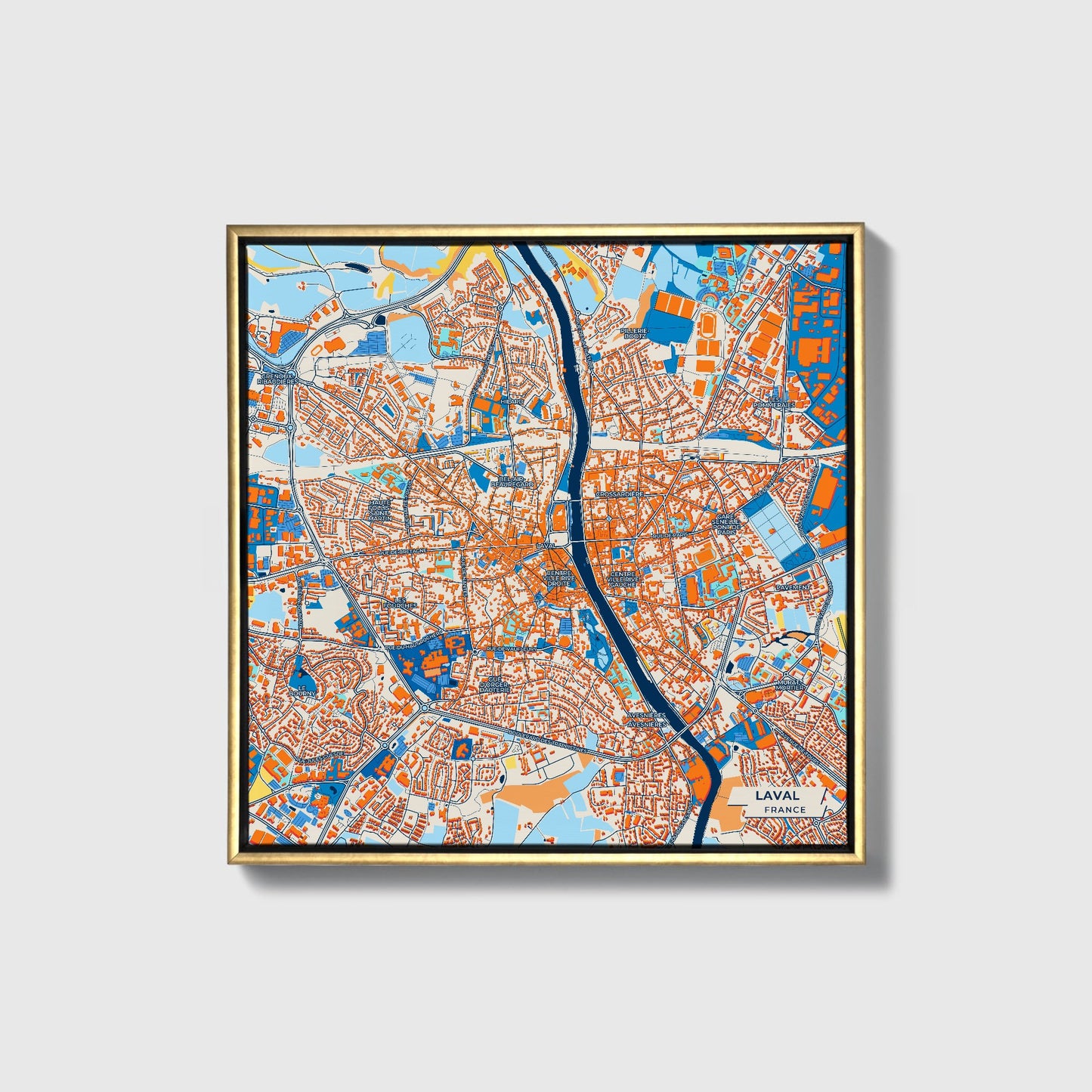 Laval France Colorful City Map Canvas Print • Gold Framed