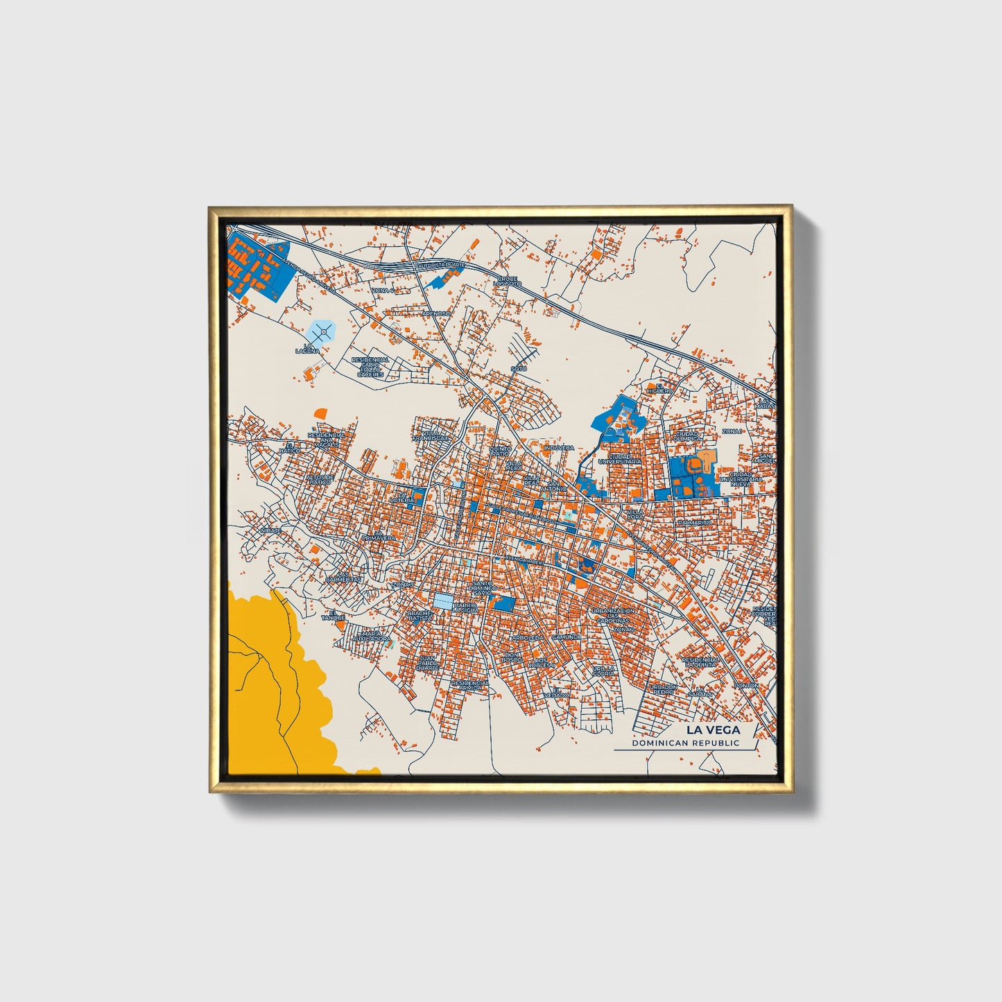 La Vega Dominican Republic Colorful City Map Canvas Print • Gold Framed