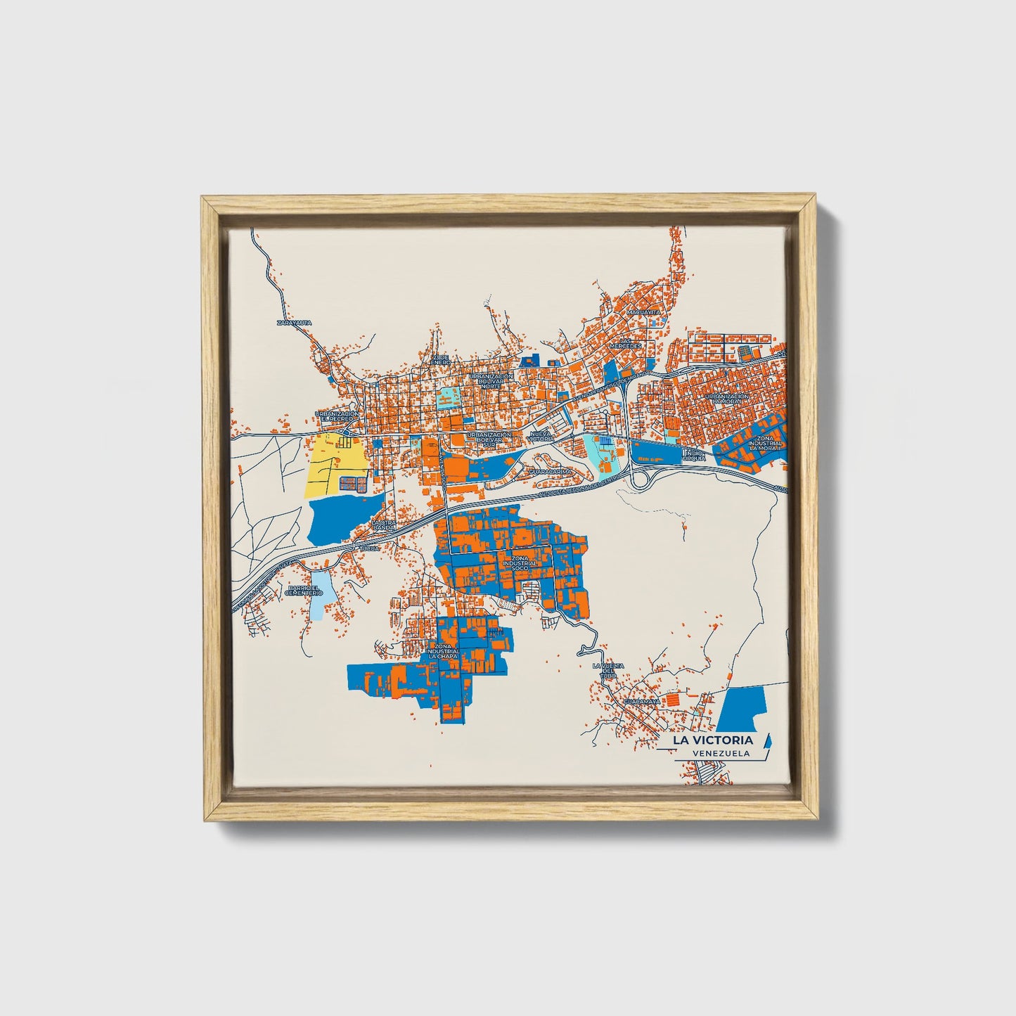 La Victoria Venezuela Colorful City Map Canvas Print • Natural Wooden Framed