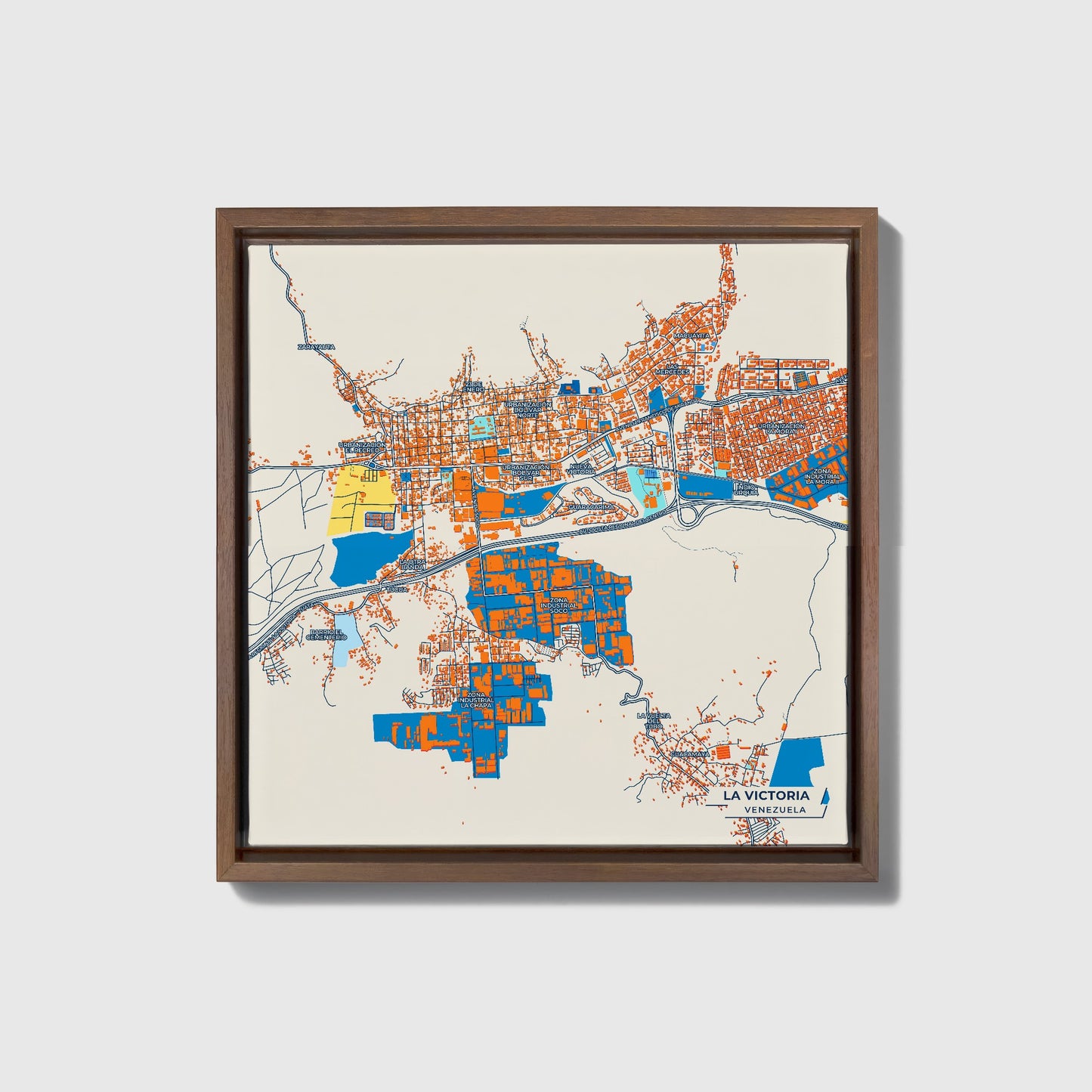 La Victoria Venezuela Colorful City Map Canvas Print • Dark Wooden Framed