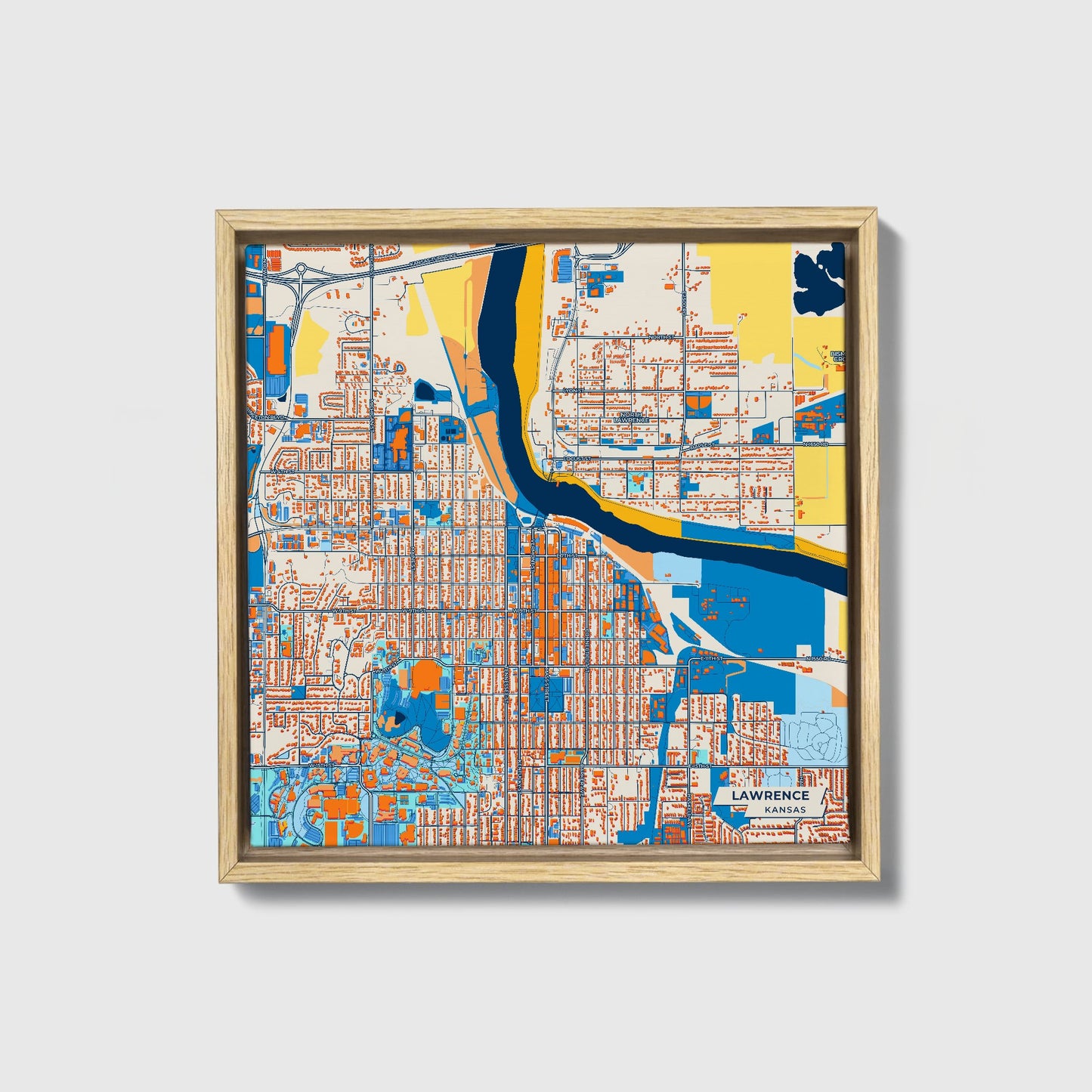 Lawrence Kansas Colorful City Map Canvas Print • Natural Wooden Framed