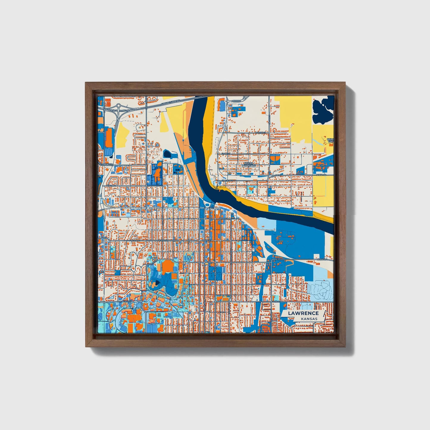 Lawrence Kansas Colorful City Map Canvas Print • Dark Wooden Framed