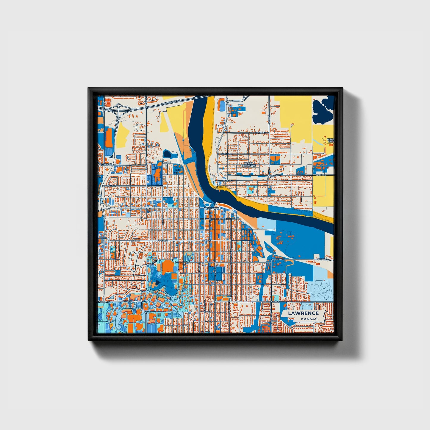 Lawrence Kansas Colorful City Map Canvas Print • Black Framed