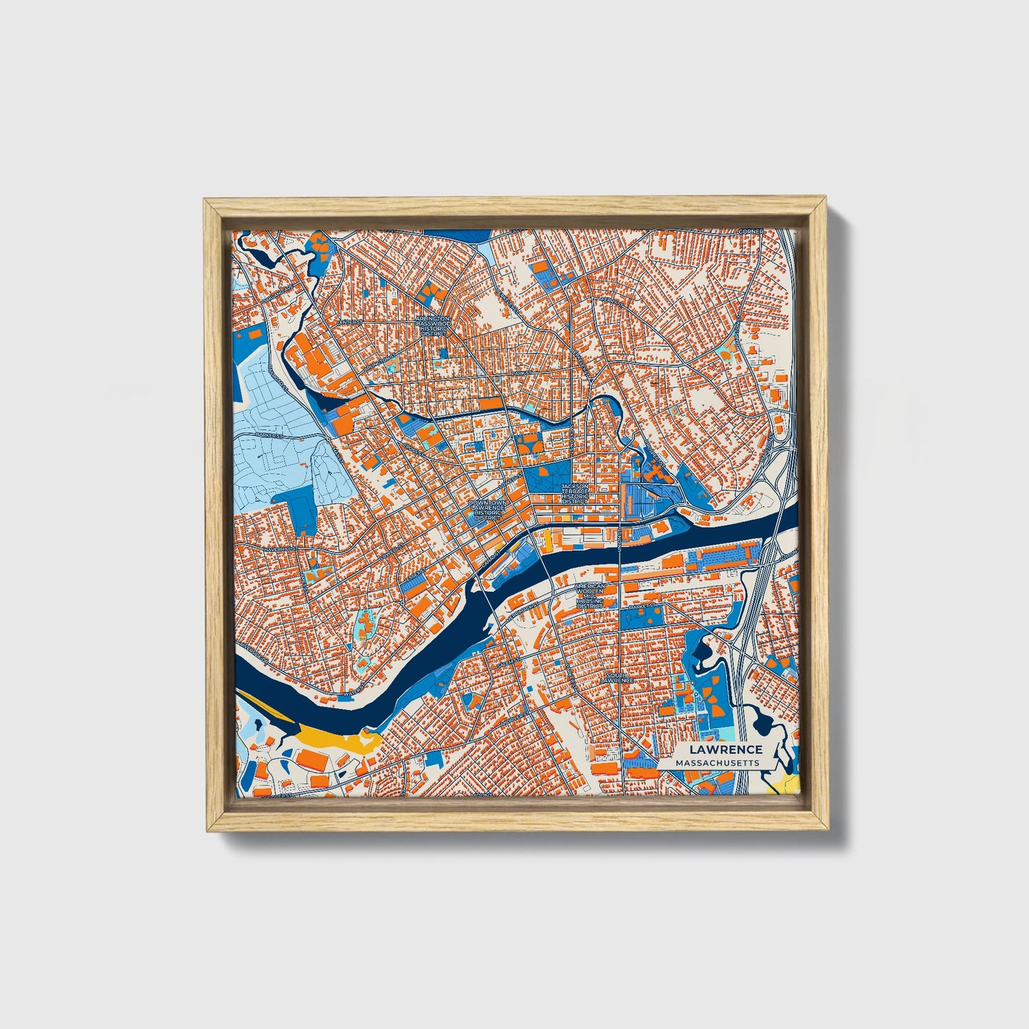 Lawrence Massachusetts Colorful City Map Canvas Print • Natural Wooden Framed