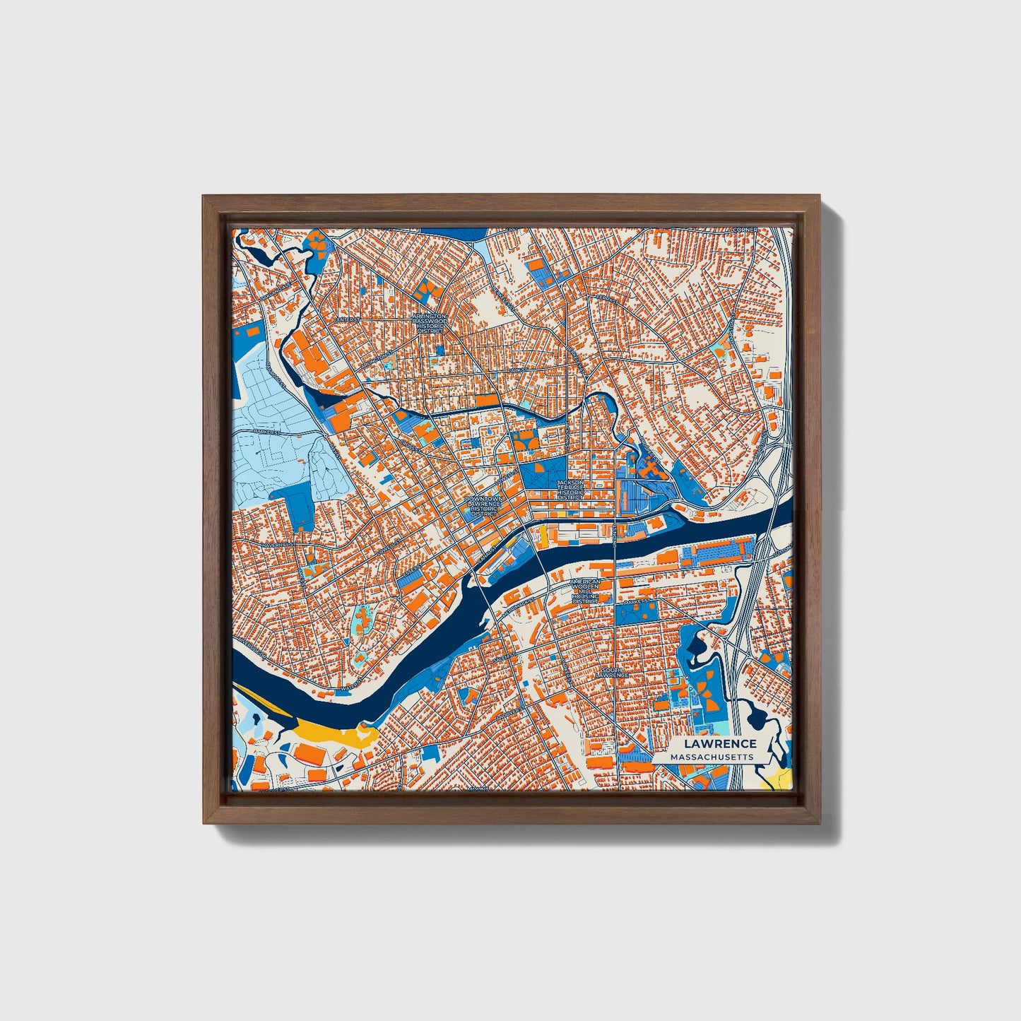 Lawrence Massachusetts Colorful City Map Canvas Print • Dark Wooden Framed