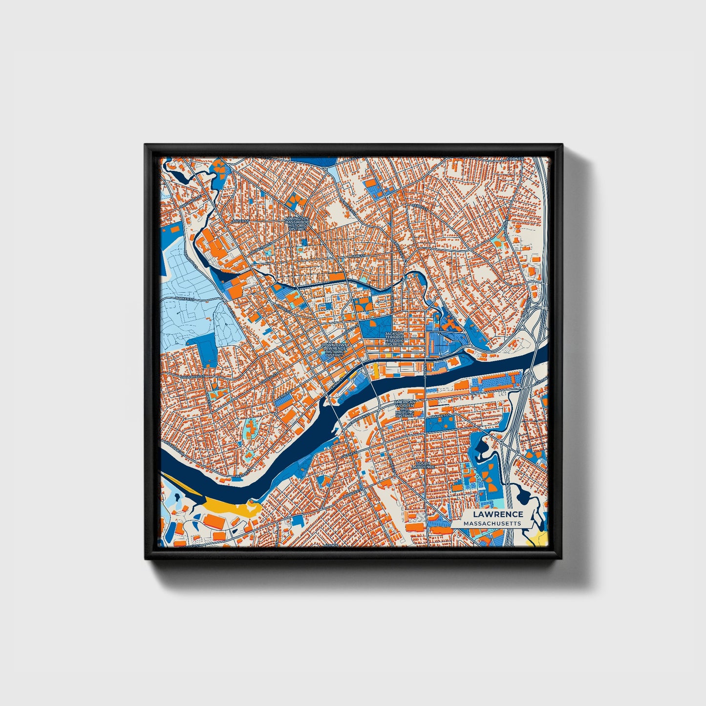 Lawrence Massachusetts Colorful City Map Canvas Print • Black Framed
