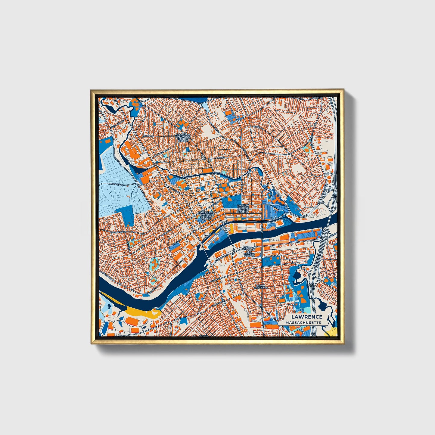 Lawrence Massachusetts Colorful City Map Canvas Print • Gold Framed