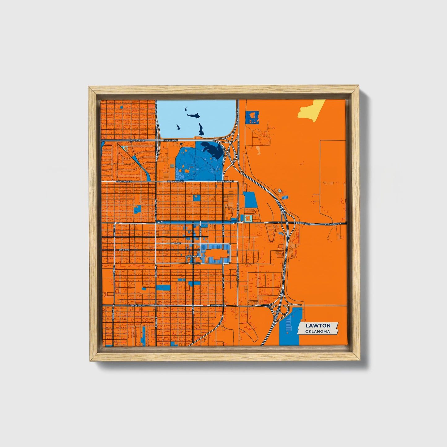 Lawton Oklahoma Colorful City Map Canvas Print • Natural Wooden Framed
