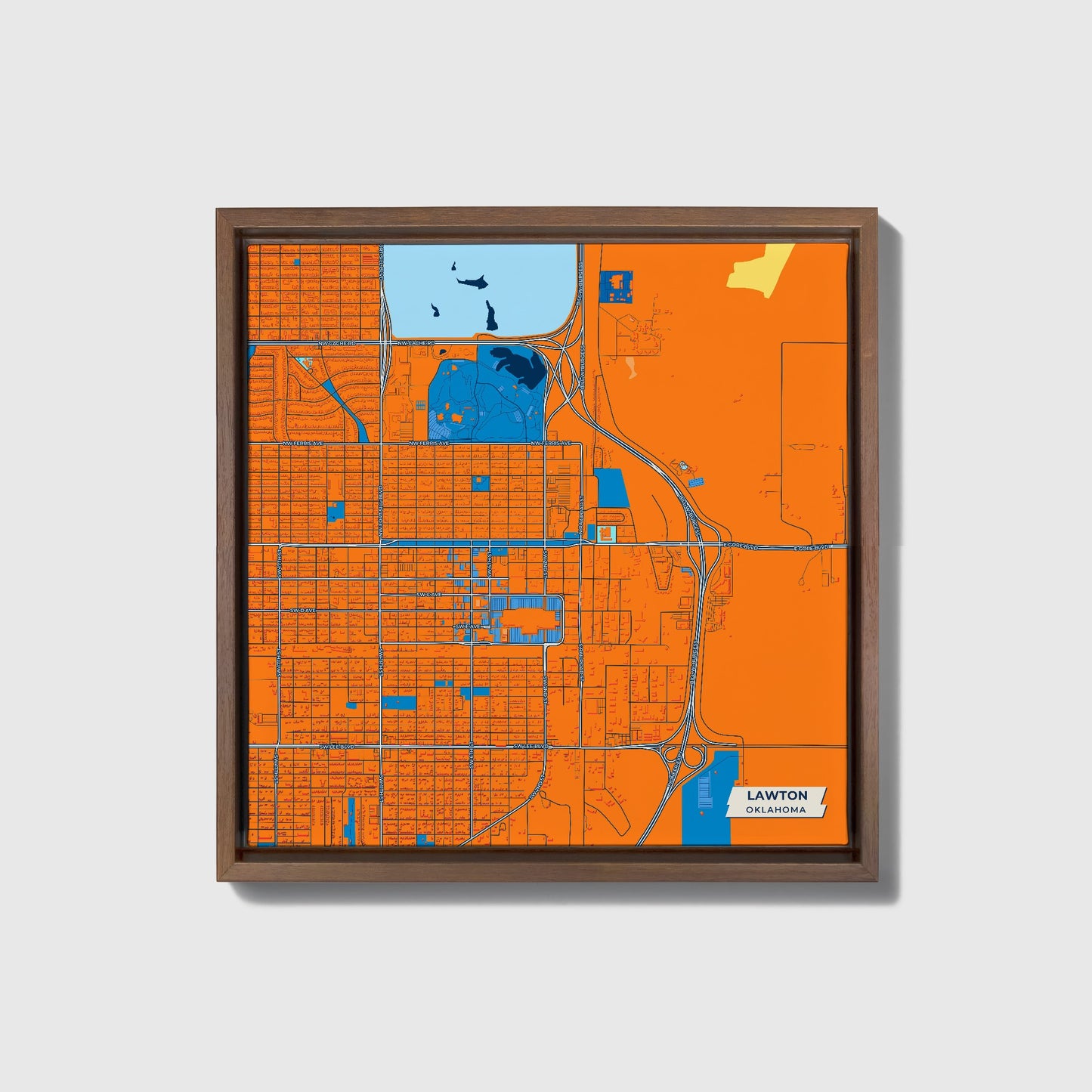 Lawton Oklahoma Colorful City Map Canvas Print • Dark Wooden Framed