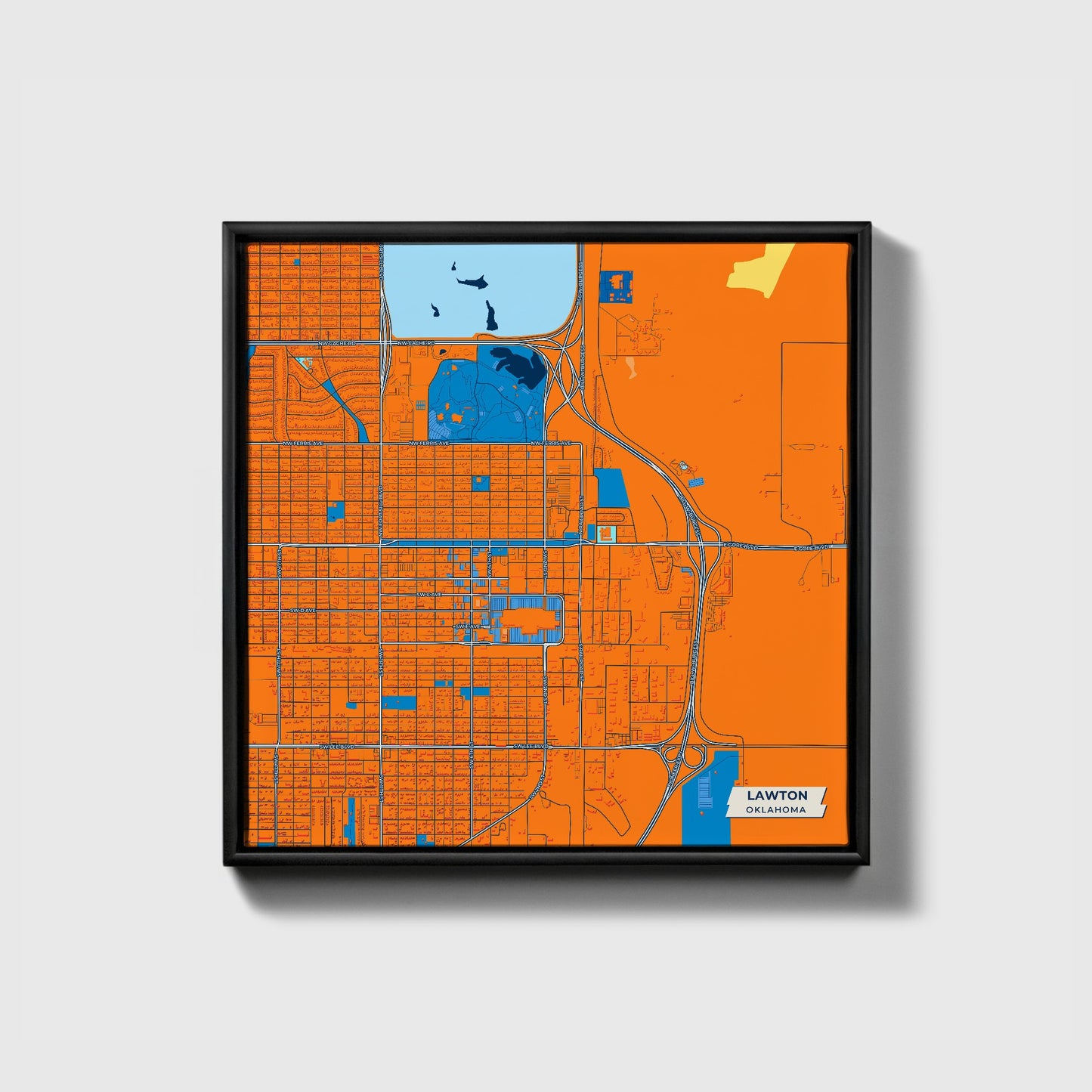 Lawton Oklahoma Colorful City Map Canvas Print • Black Framed