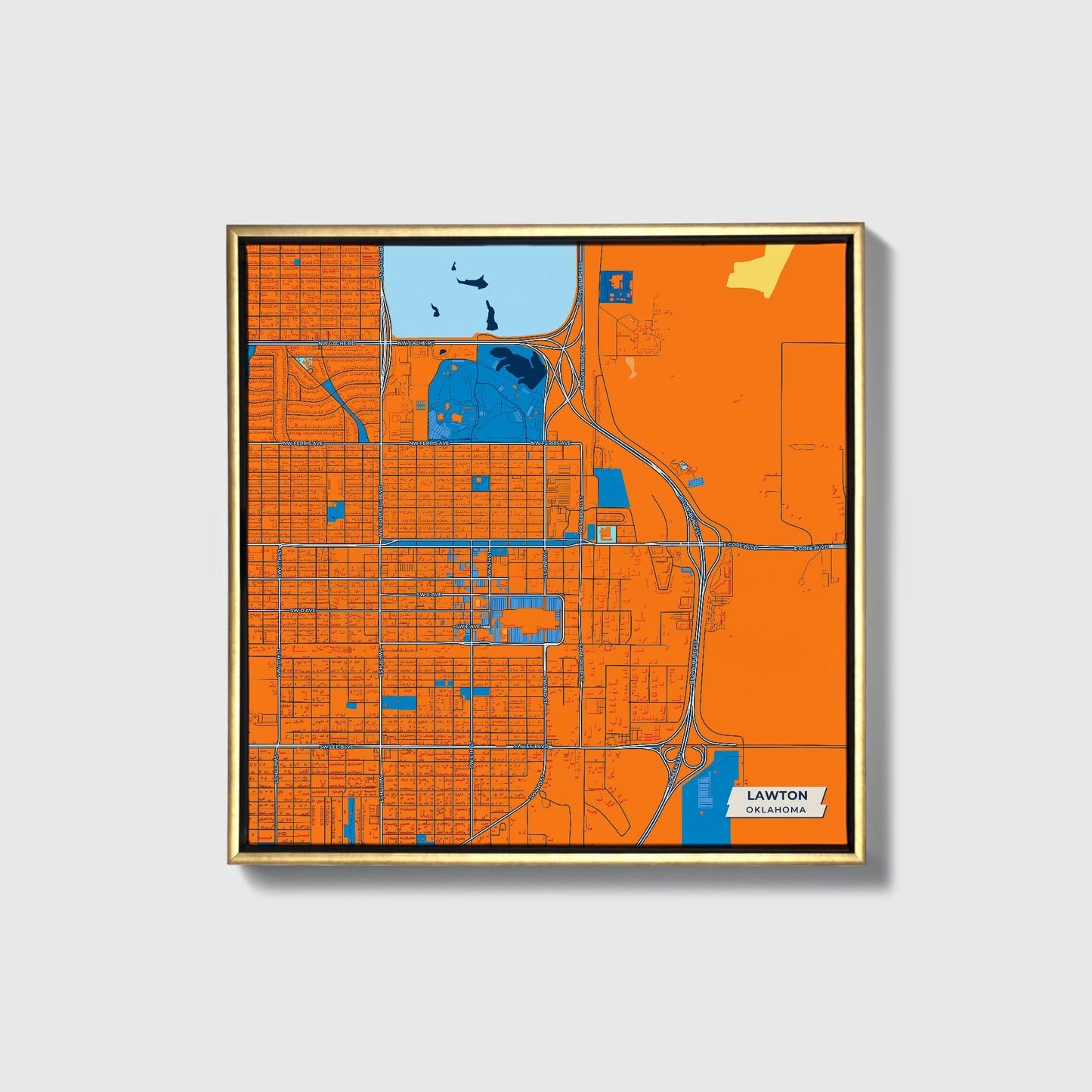 Lawton Oklahoma Colorful City Map Canvas Print • Gold Framed