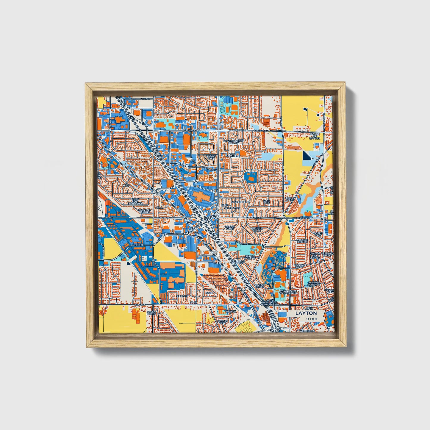 Layton Utah Colorful City Map Canvas Print • Natural Wooden Framed