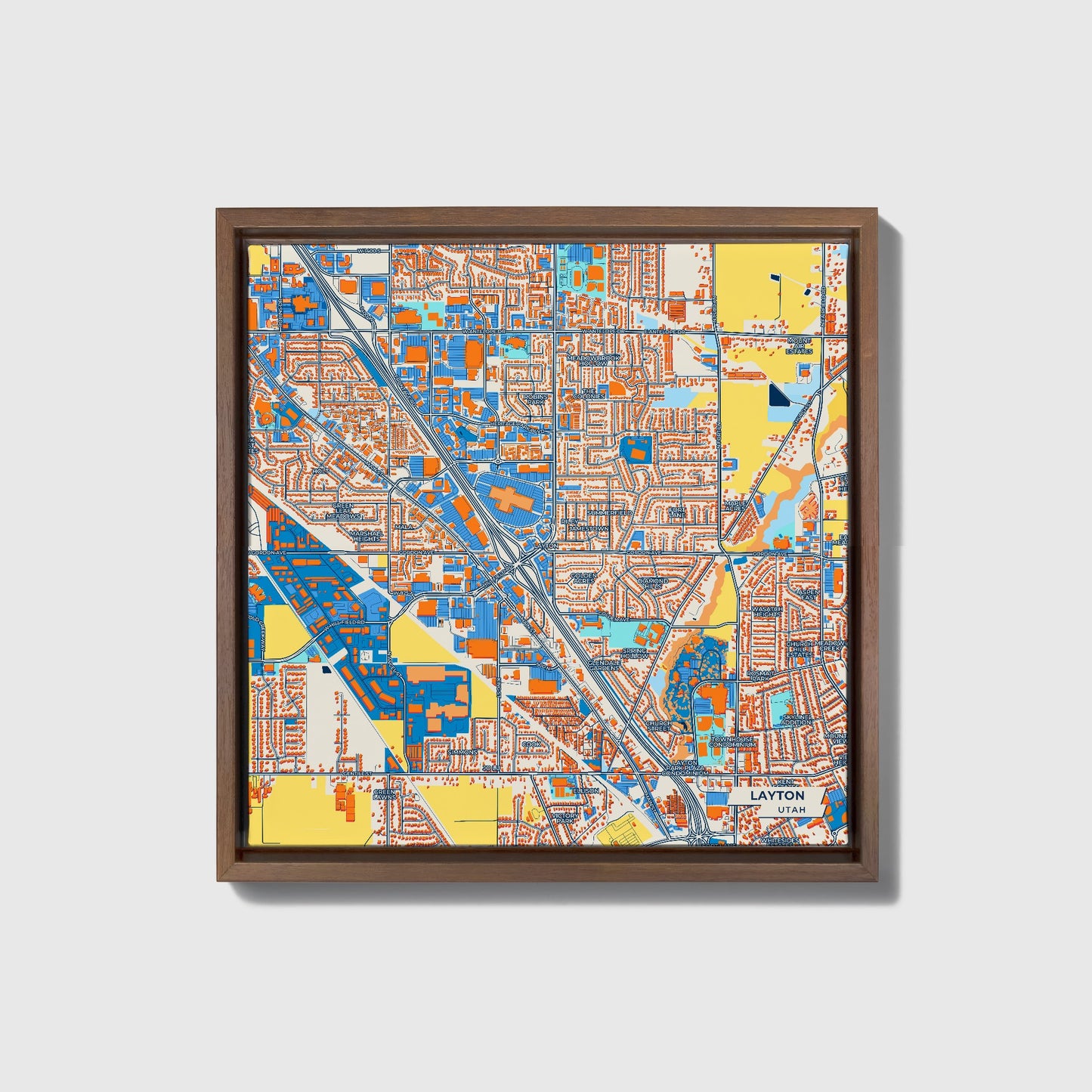 Layton Utah Colorful City Map Canvas Print • Dark Wooden Framed