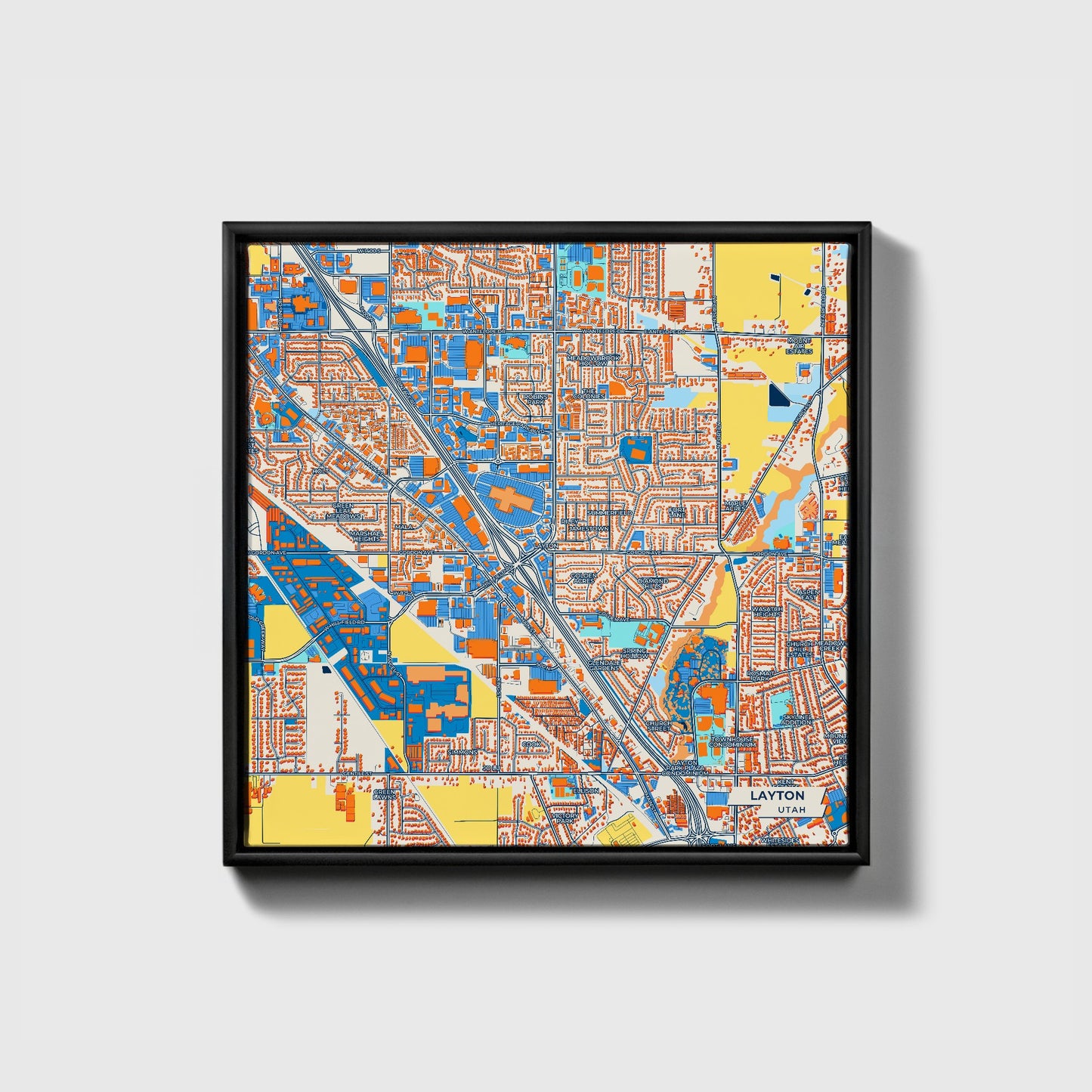 Layton Utah Colorful City Map Canvas Print • Black Framed
