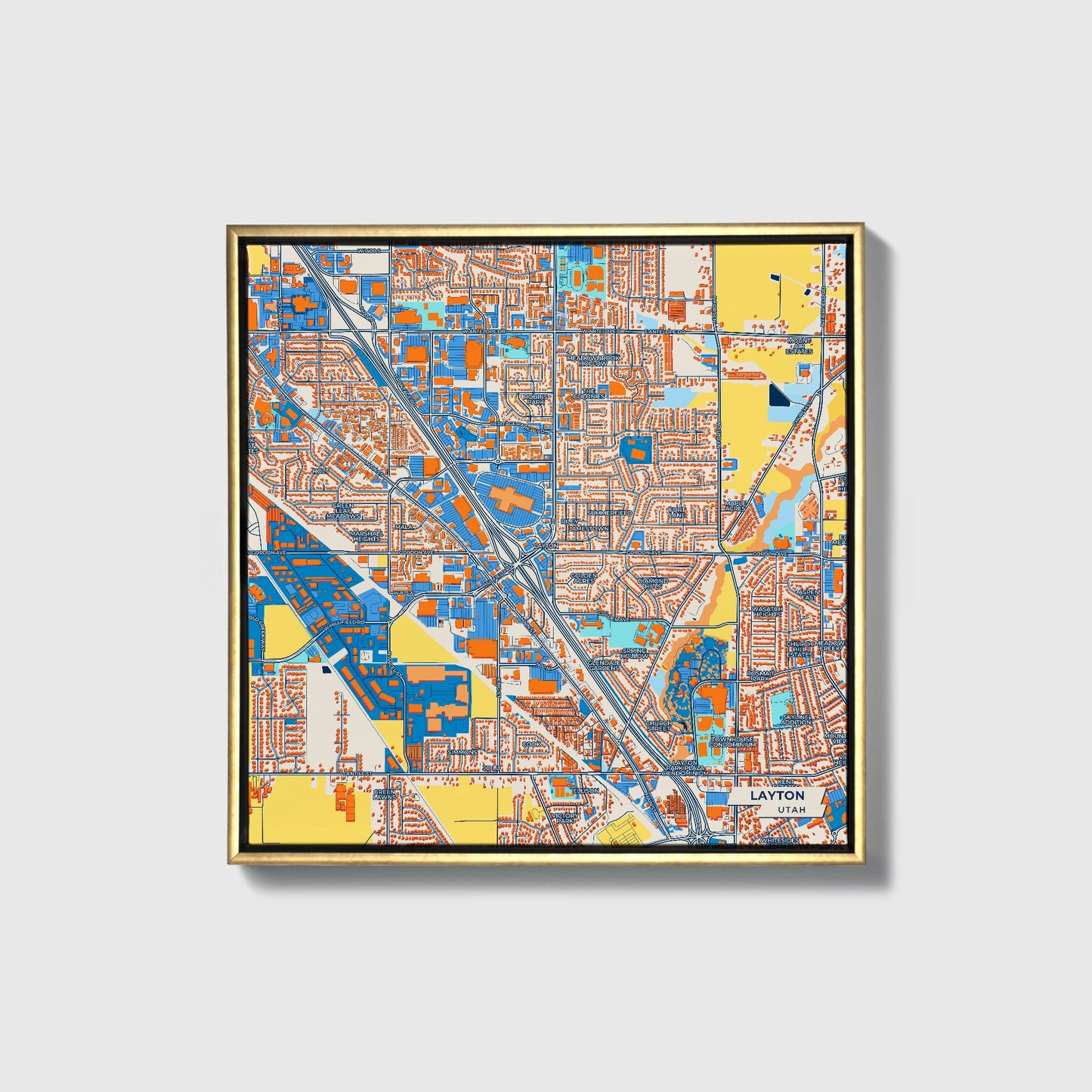 Layton Utah Colorful City Map Canvas Print • Gold Framed