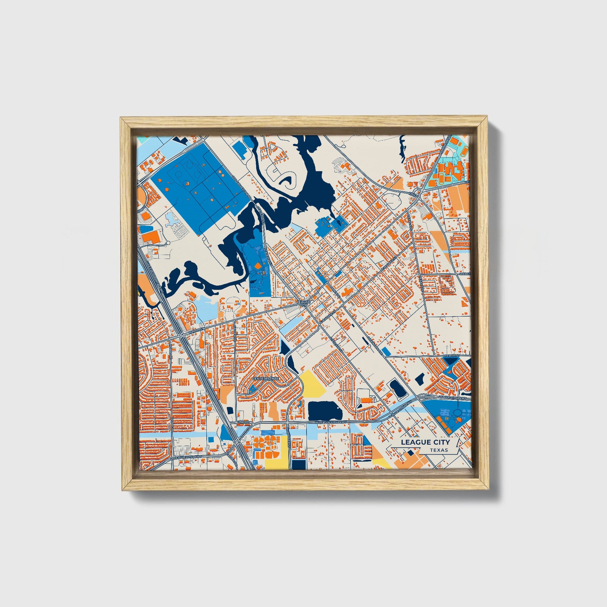 League City Texas Colorful City Map Canvas Print • Natural Wooden Framed