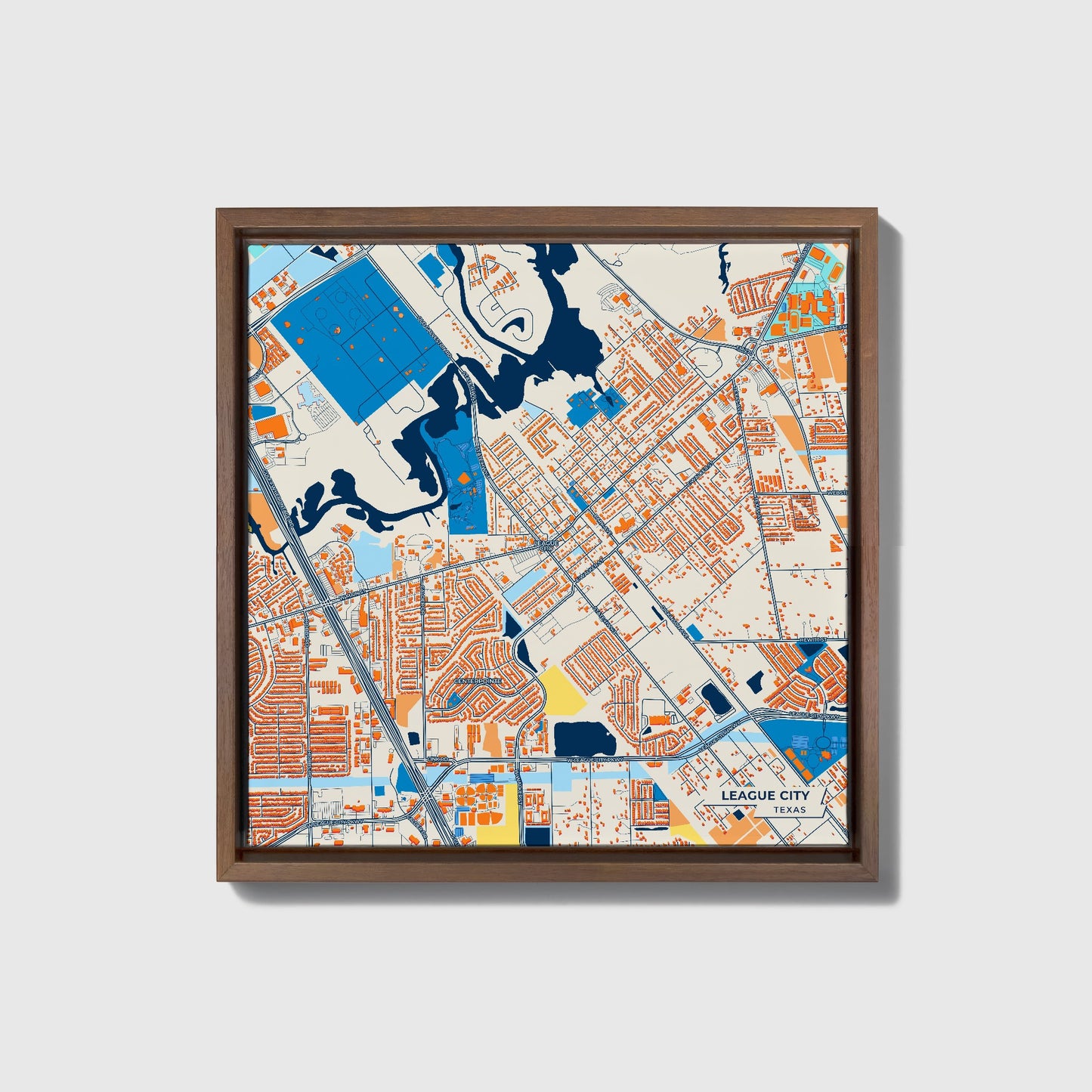 League City Texas Colorful City Map Canvas Print • Dark Wooden Framed