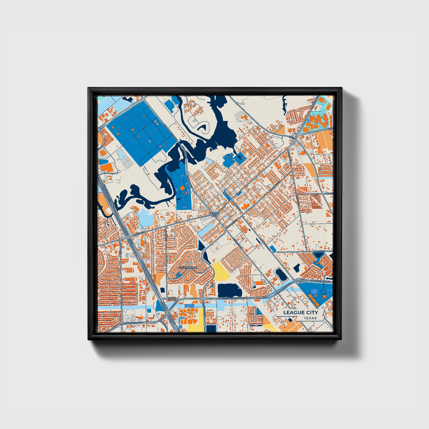 League City Texas Colorful City Map Canvas Print • Black Framed