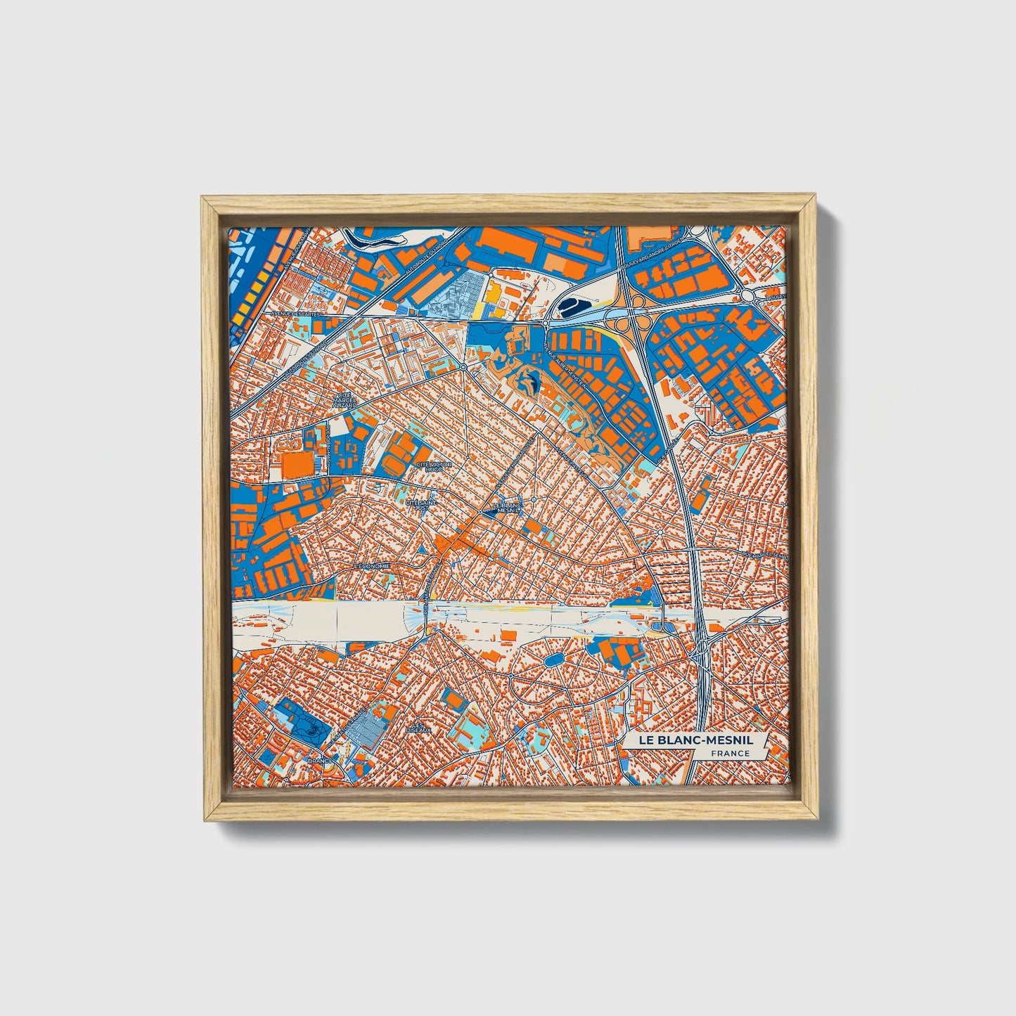 Le Blanc-Mesnil France Colorful City Map Canvas Print • Natural Wooden Framed