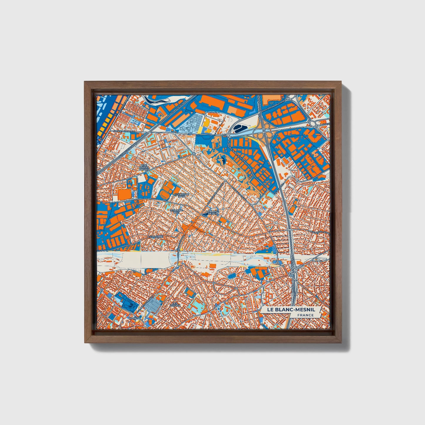 Le Blanc-Mesnil France Colorful City Map Canvas Print • Dark Wooden Framed