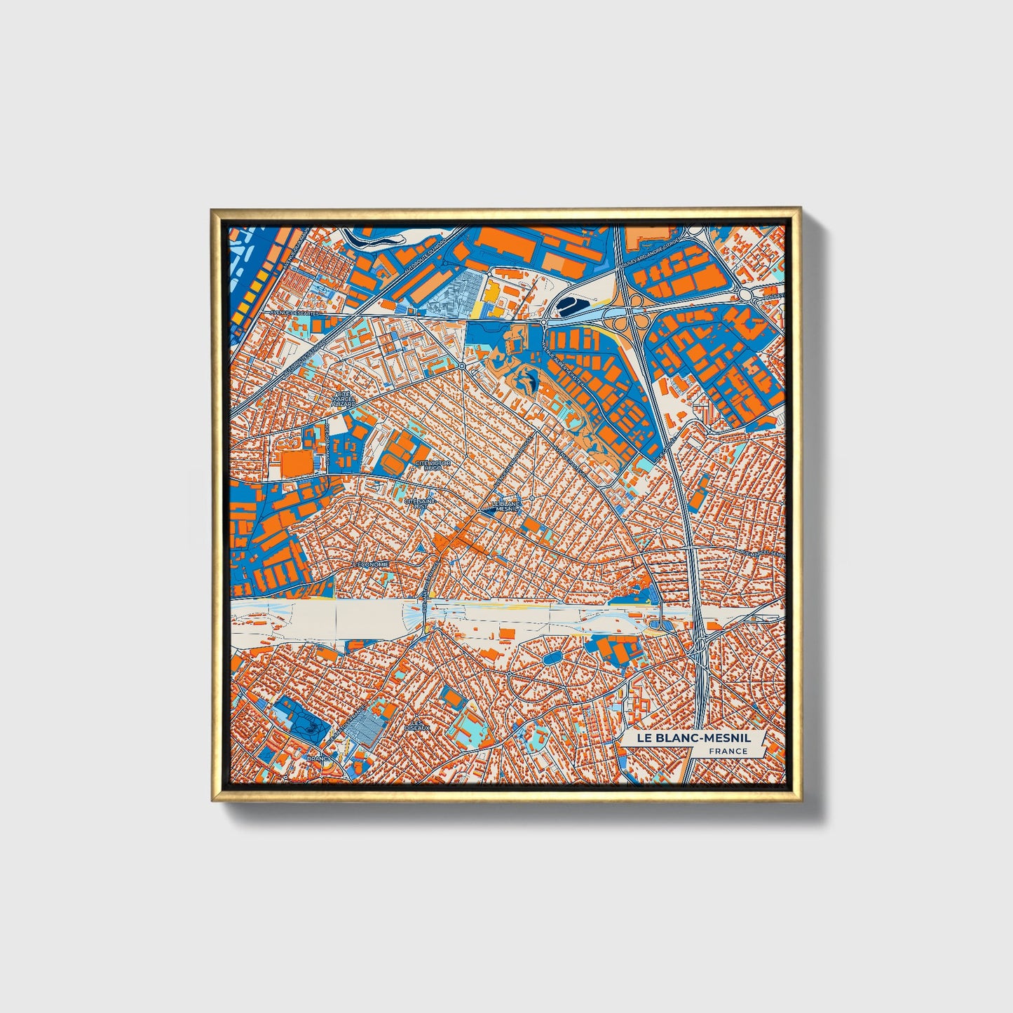 Le Blanc-Mesnil France Colorful City Map Canvas Print • Gold Framed
