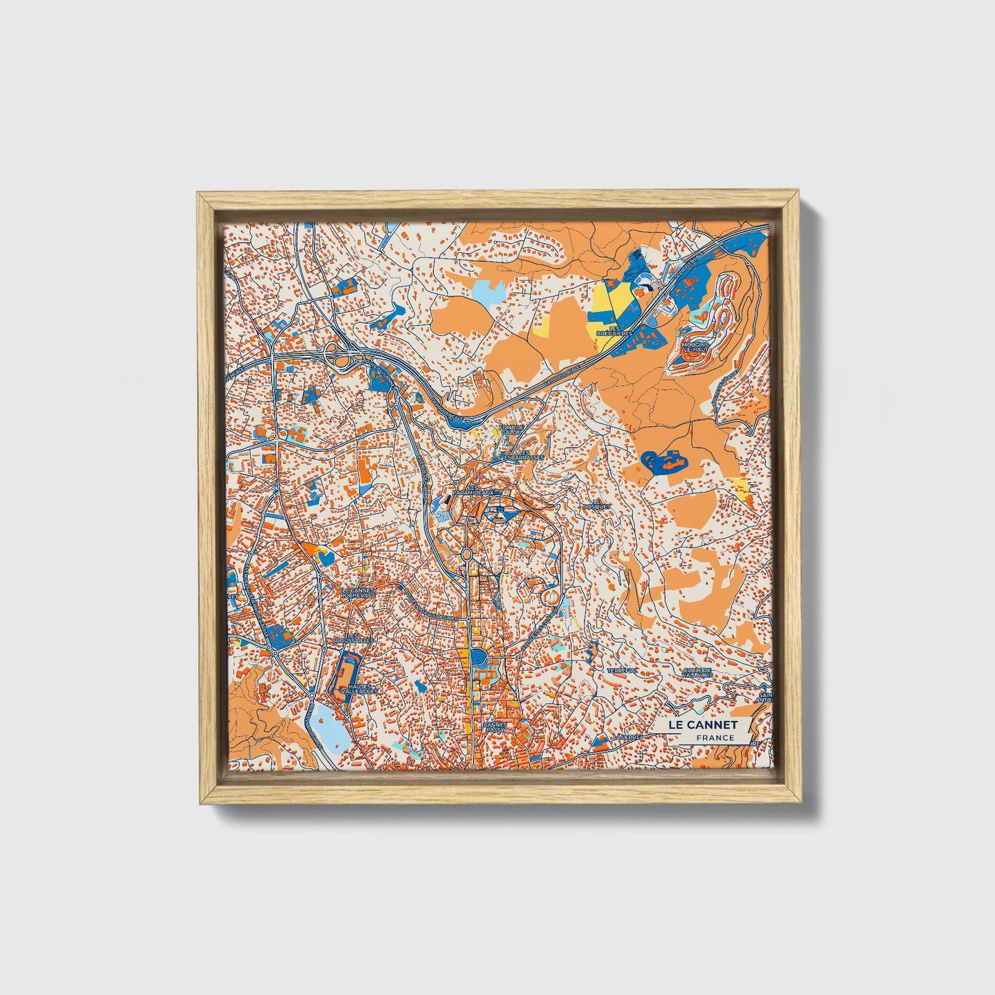 Le Cannet France Colorful City Map Canvas Print • Natural Wooden Framed