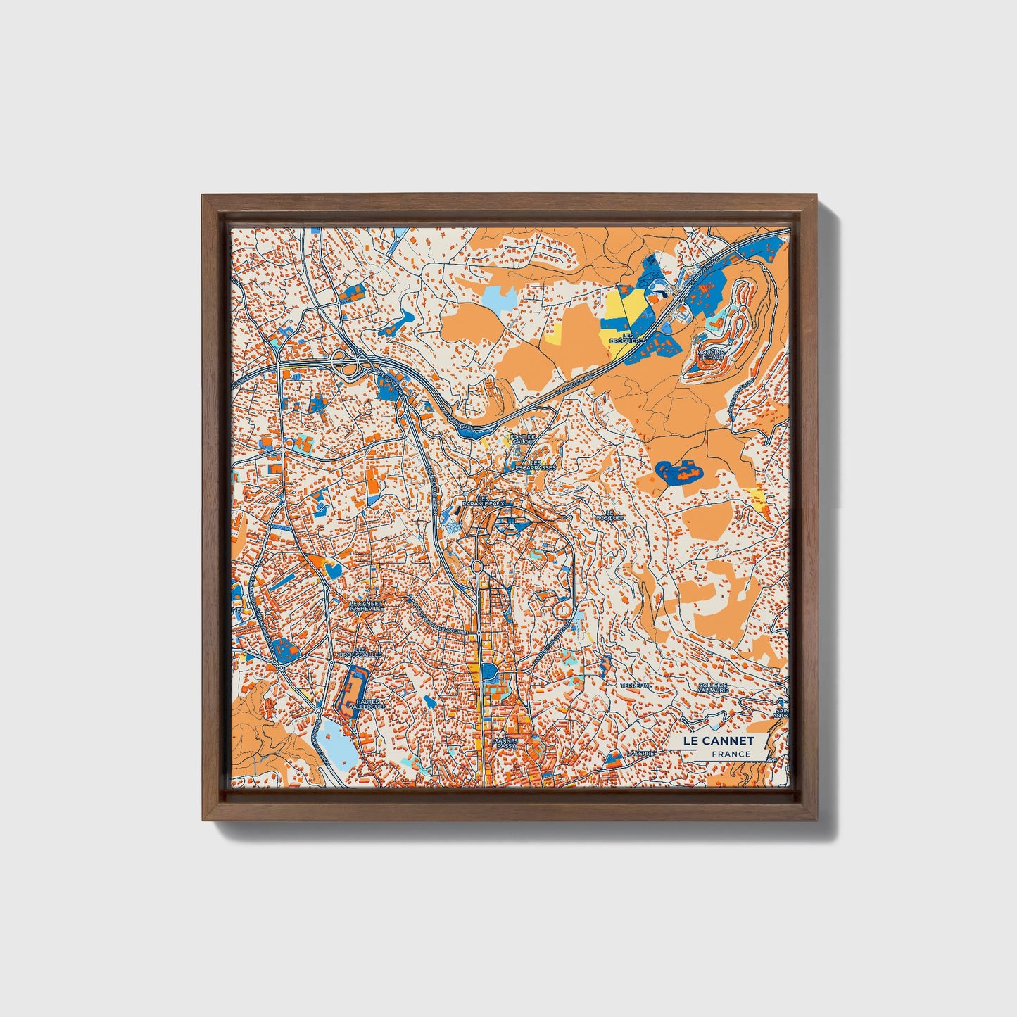 Le Cannet France Colorful City Map Canvas Print • Dark Wooden Framed
