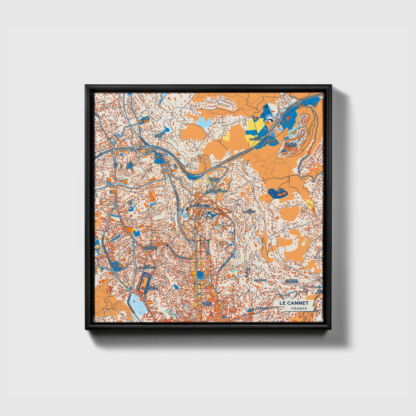 Le Cannet France Colorful City Map Canvas Print • Black Framed