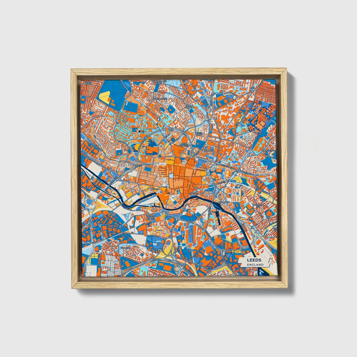Leeds England Colorful City Map Canvas Print • Natural Wooden Framed