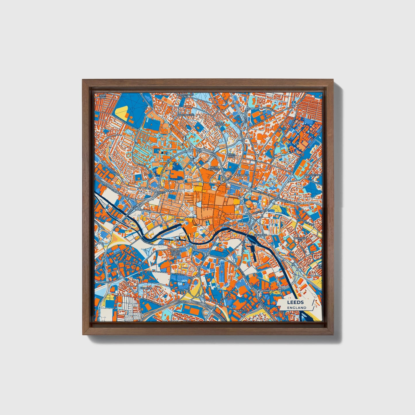 Leeds England Colorful City Map Canvas Print • Dark Wooden Framed