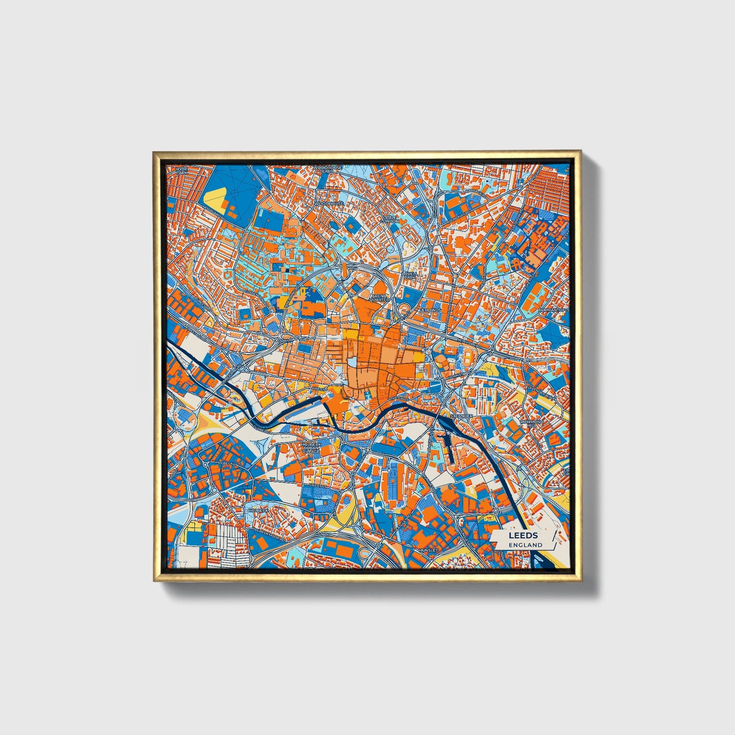 Leeds England Colorful City Map Canvas Print • Gold Framed