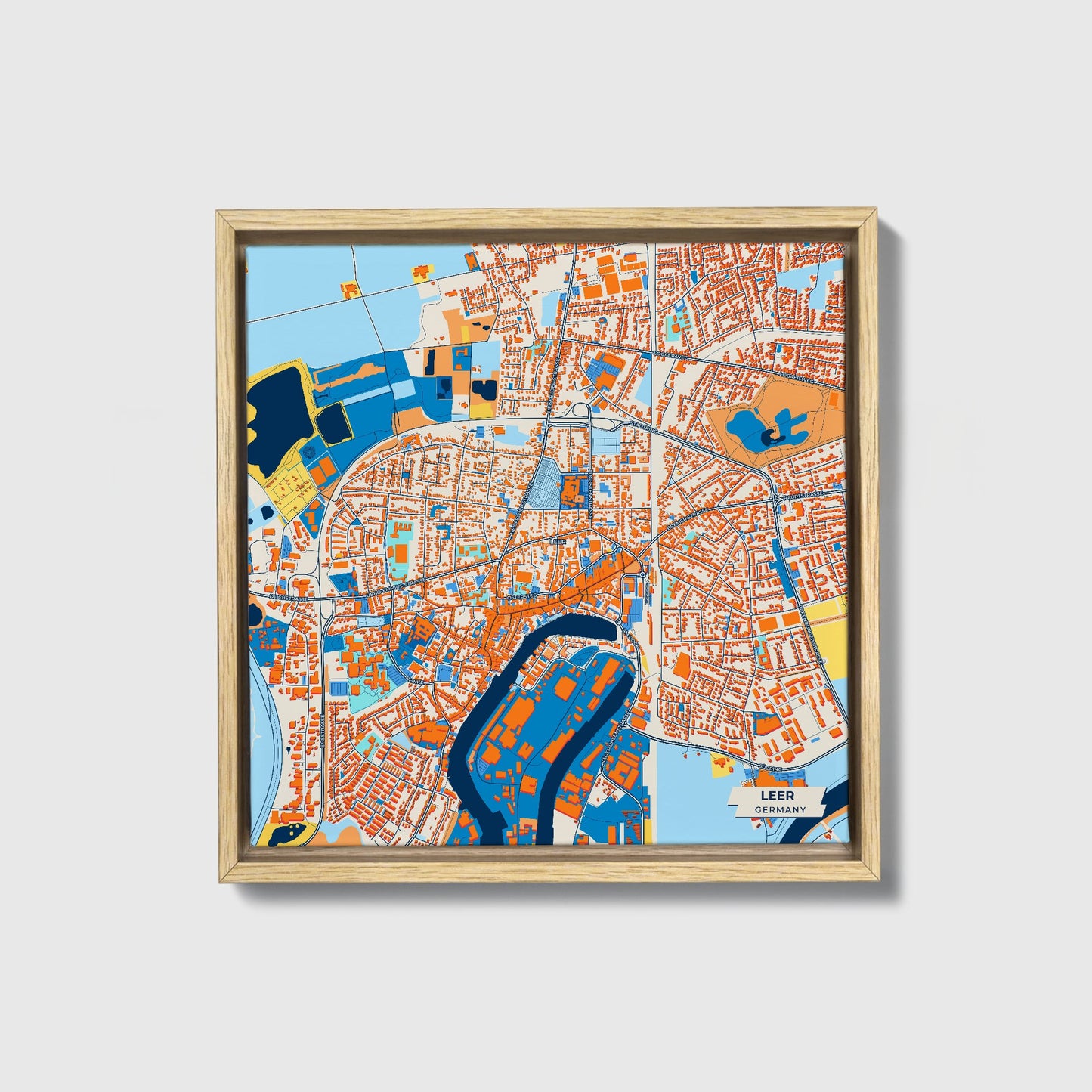Leer Germany Colorful City Map Canvas Print • Natural Wooden Framed