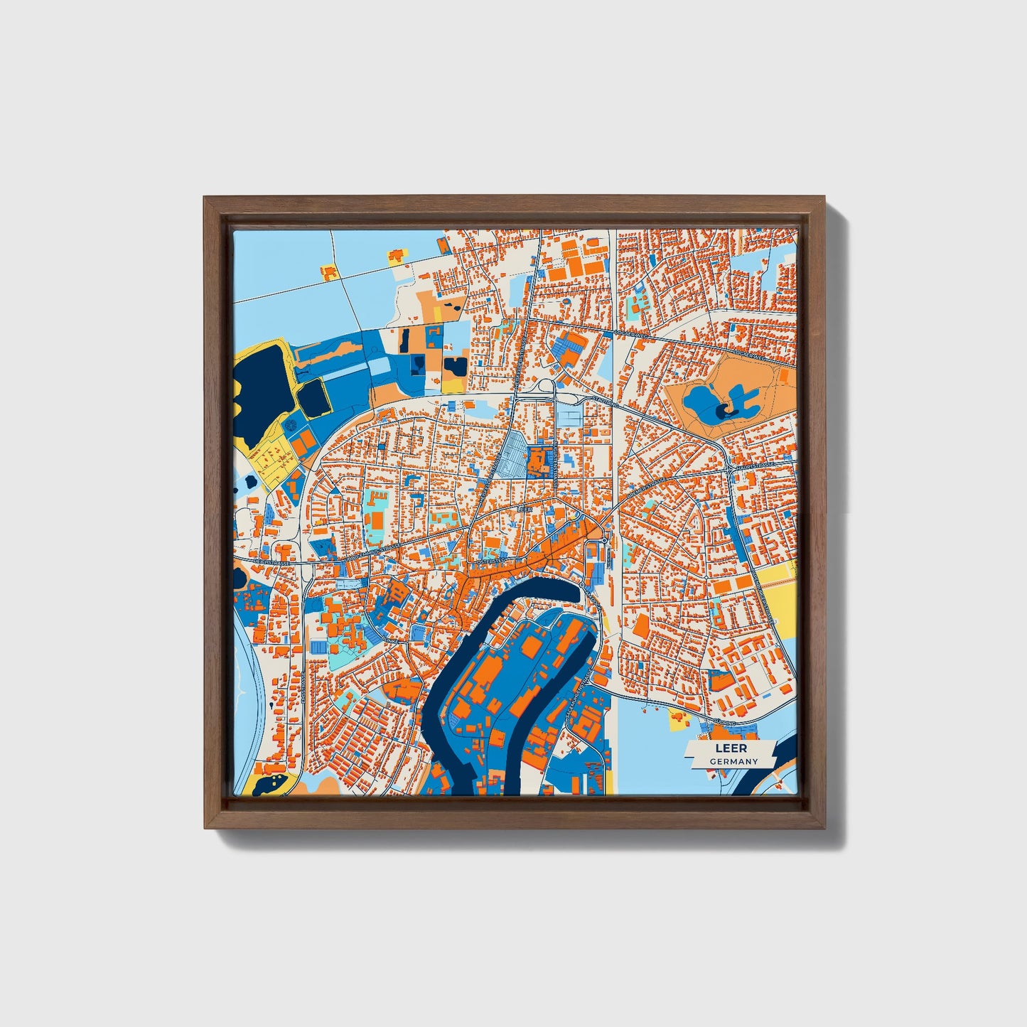 Leer Germany Colorful City Map Canvas Print • Dark Wooden Framed