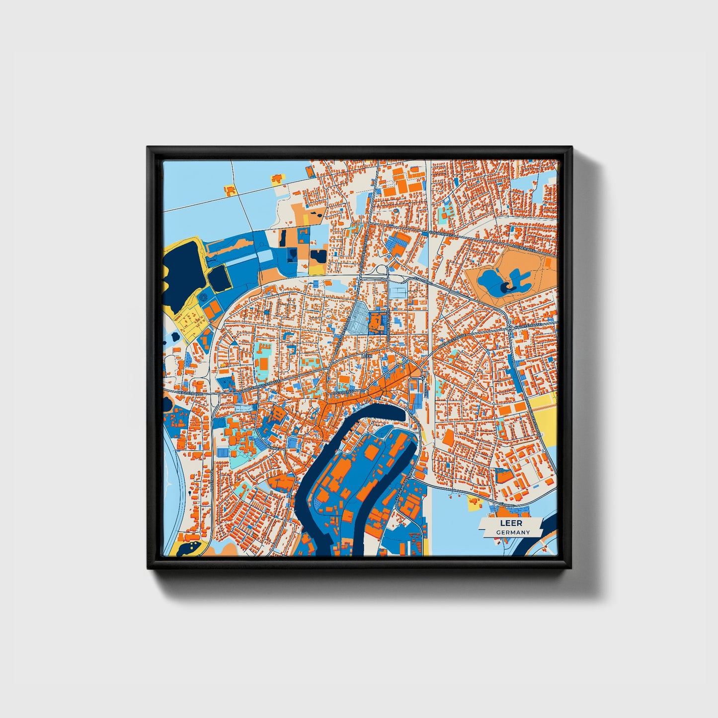 Leer Germany Colorful City Map Canvas Print • Black Framed