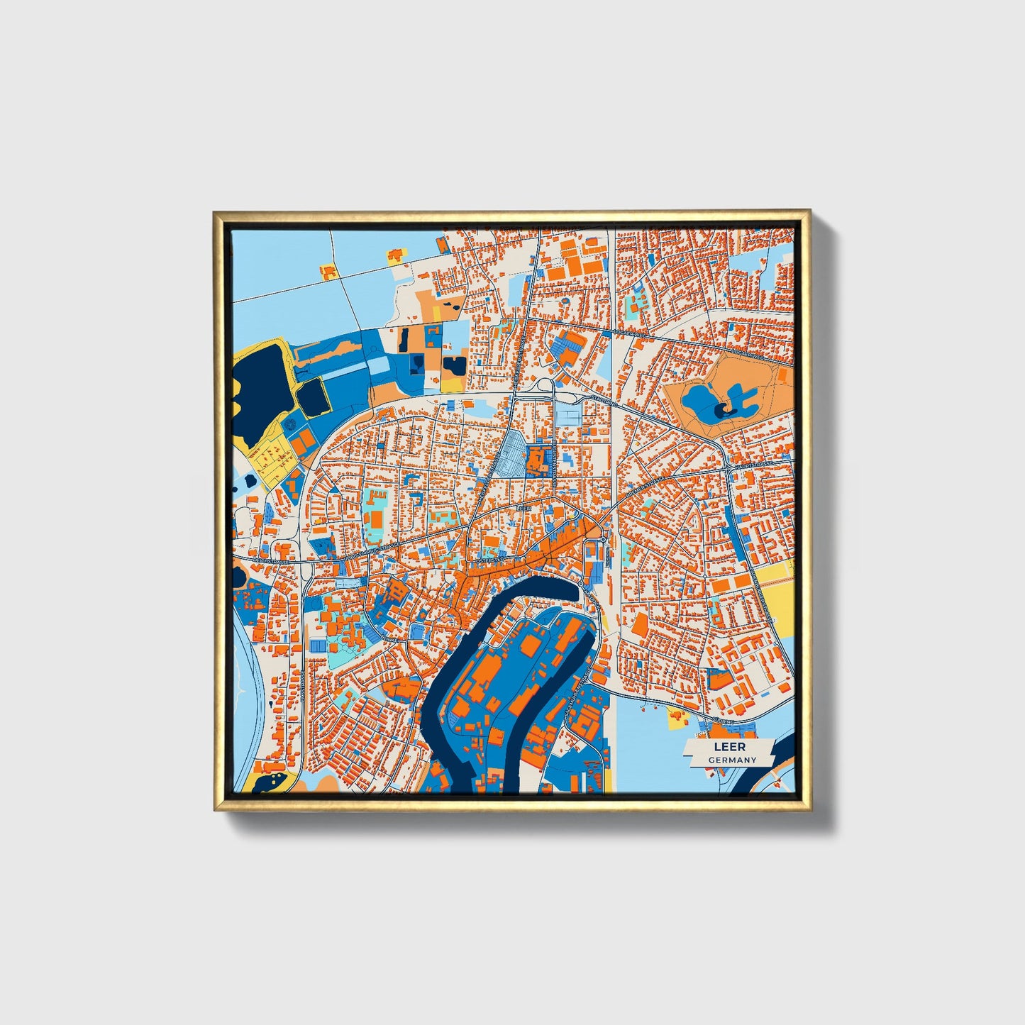 Leer Germany Colorful City Map Canvas Print • Gold Framed