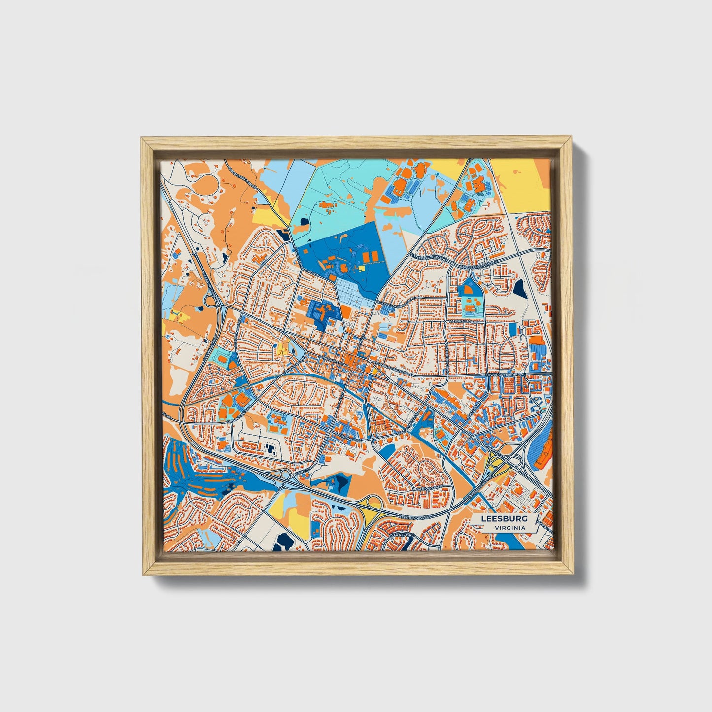 Leesburg Virginia Colorful City Map Canvas Print • Natural Wooden Framed