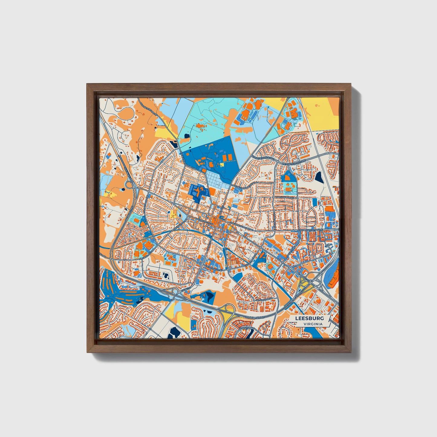 Leesburg Virginia Colorful City Map Canvas Print • Dark Wooden Framed