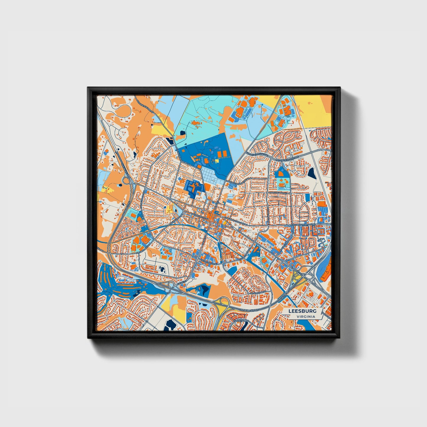 Leesburg Virginia Colorful City Map Canvas Print • Black Framed