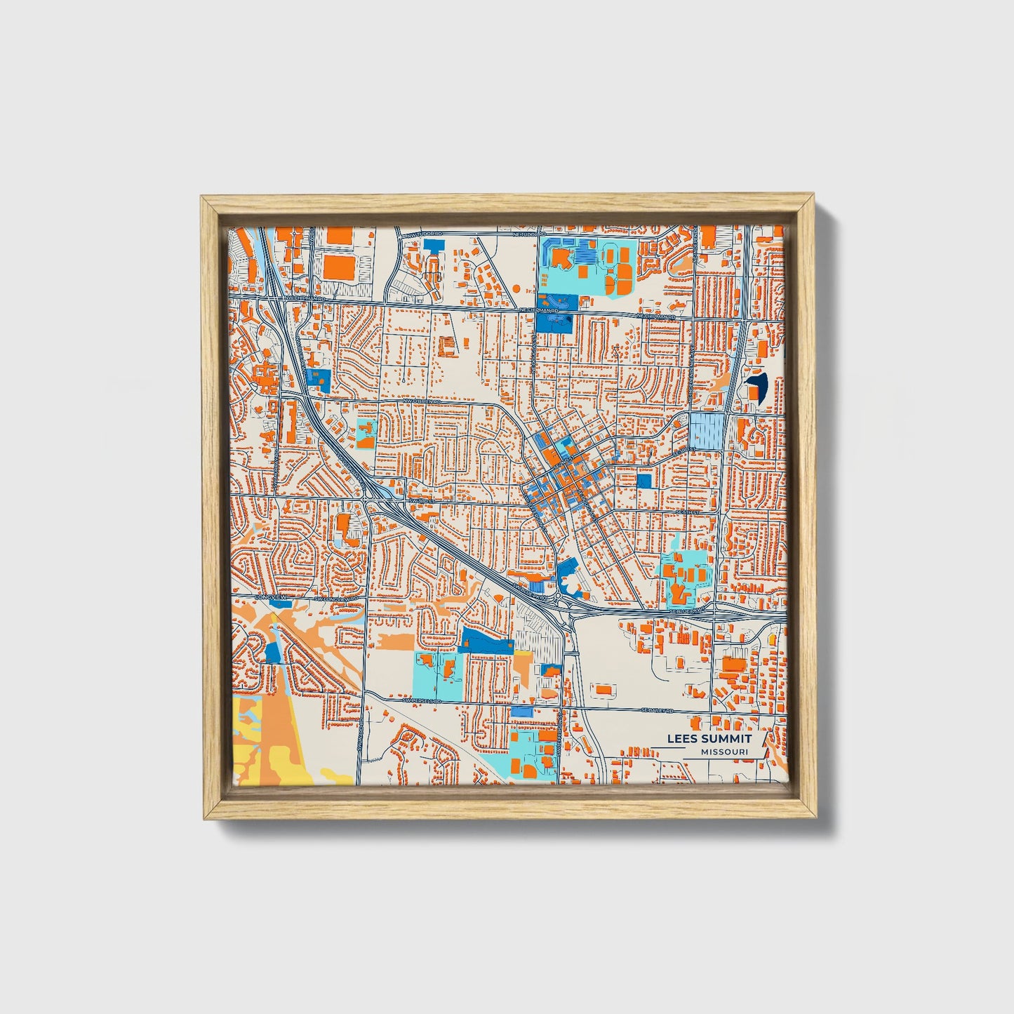 Lees Summit Missouri Colorful City Map Canvas Print • Natural Wooden Framed
