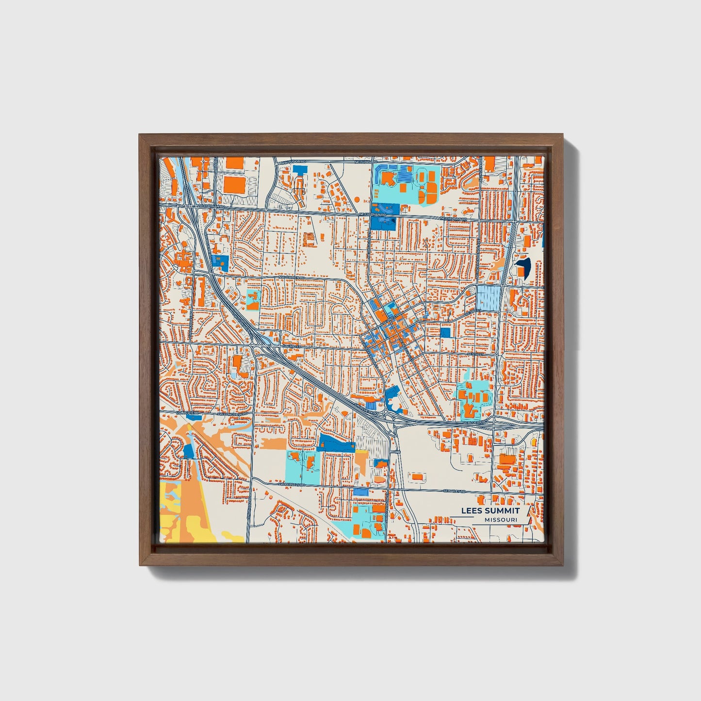 Lees Summit Missouri Colorful City Map Canvas Print • Dark Wooden Framed