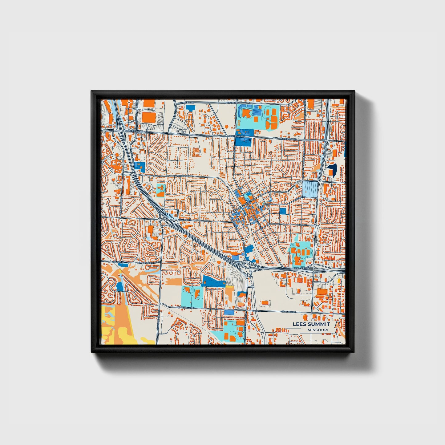 Lees Summit Missouri Colorful City Map Canvas Print • Black Framed