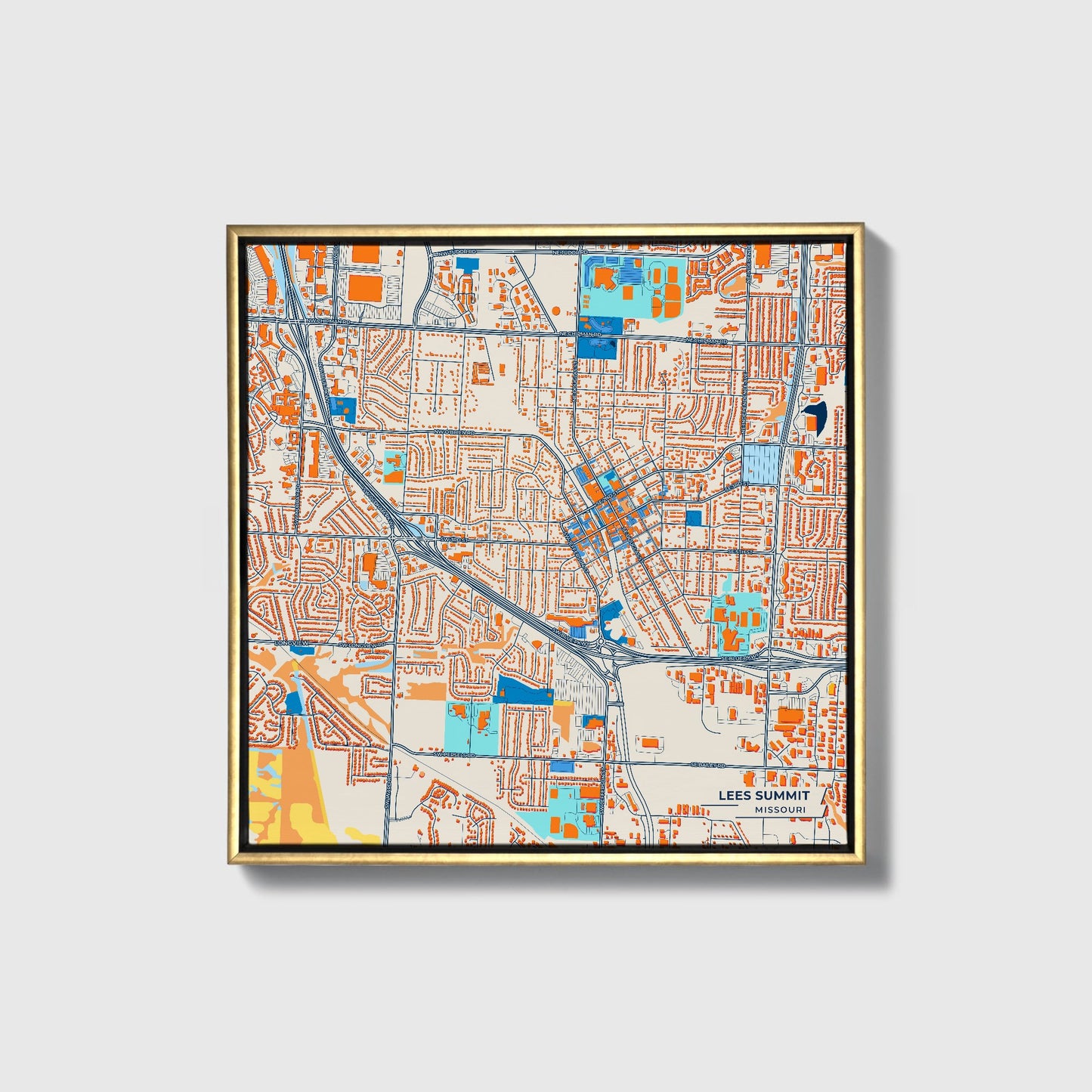 Lees Summit Missouri Colorful City Map Canvas Print • Gold Framed